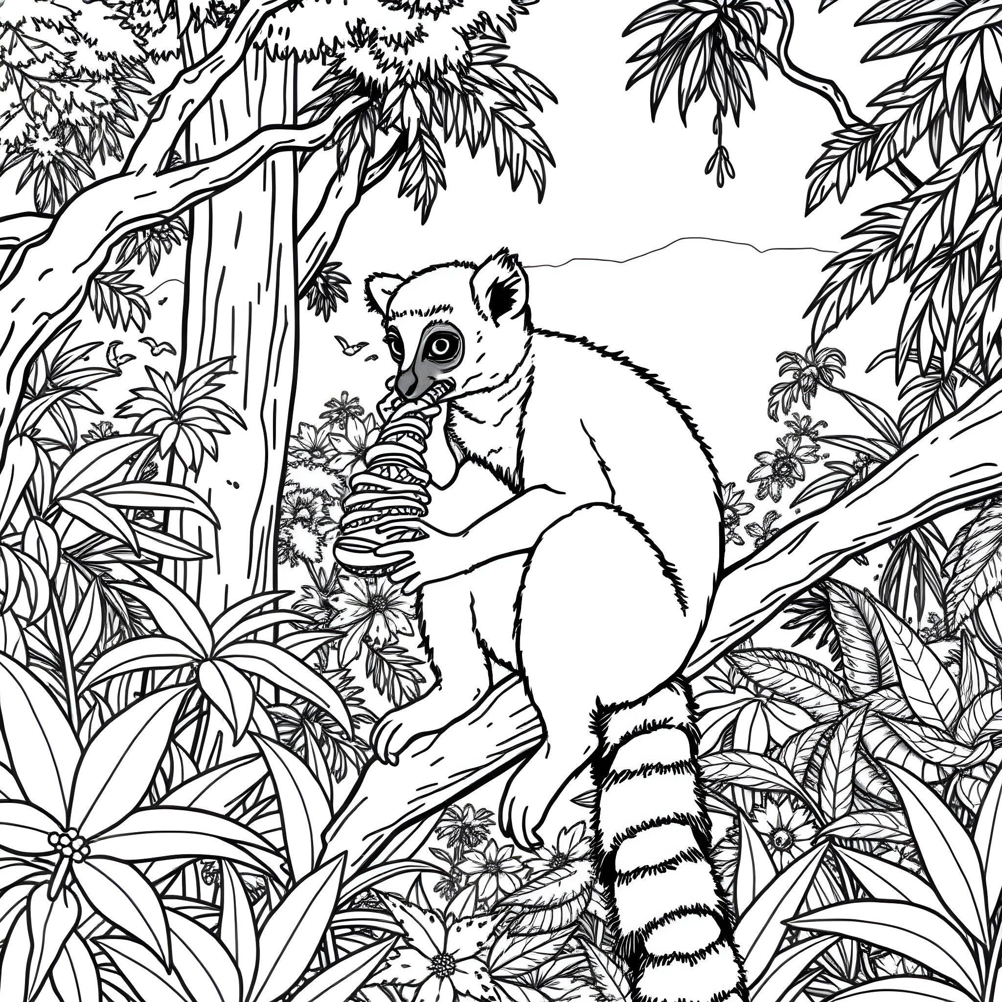 Lemur exploring the lush tropical jungle Coloring Page (free black-and-white line drawing printable PDF for all, from beginners to advanced learners, including children, teens, adults, and seniors)