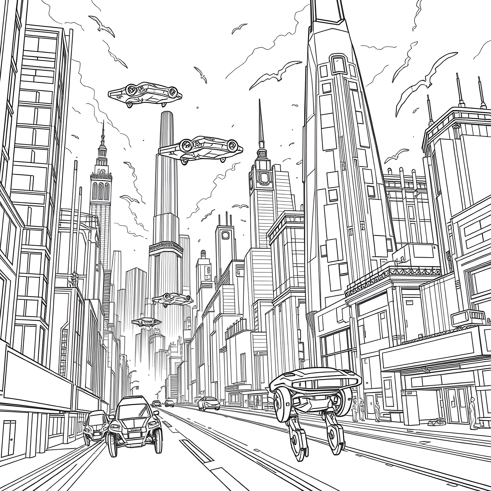 Flying Cars Soaring Through Futuristic Cityscape Coloring Page (free black-and-white line drawing printable PDF for all, from beginners to advanced learners, including children, teens, adults, and seniors)