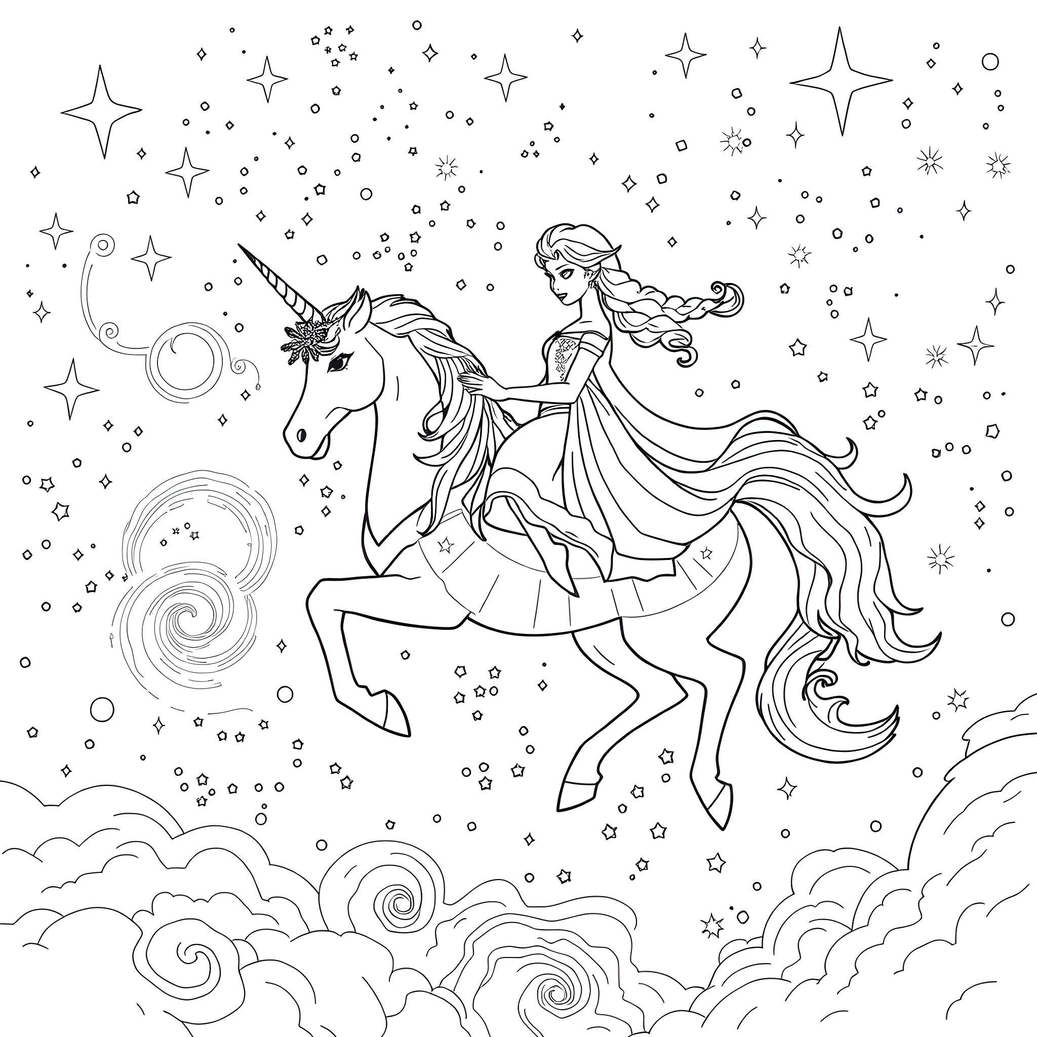 Elsa's Enchanting Unicorn Ride through the Starry Skies Coloring Page (free black-and-white line drawing printable PDF for all, from beginners to advanced learners, including children, teens, adults, and seniors)
