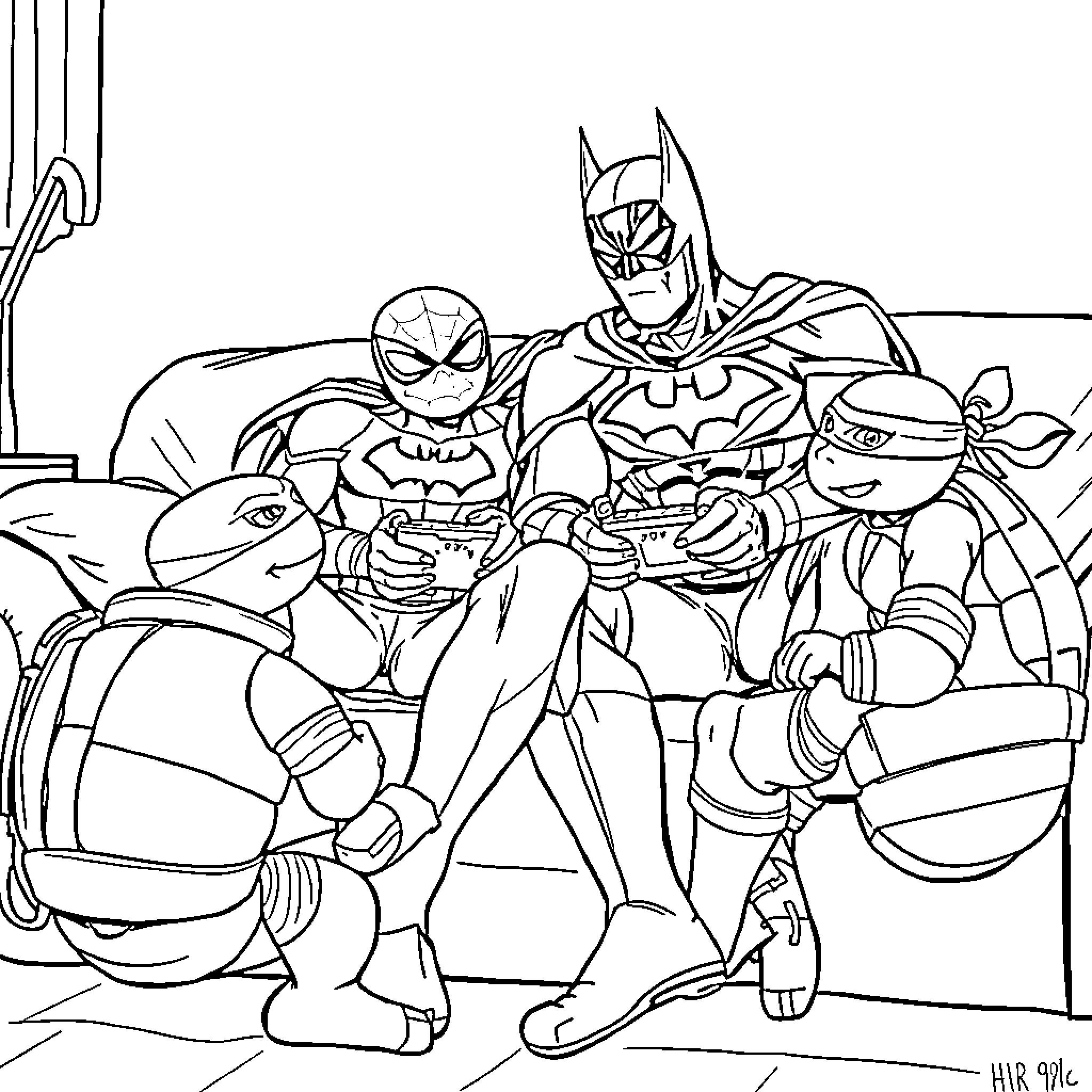 Batman and superhero friends in action poses Coloring Page (free black-and-white line drawing printable PDF for all, from beginners to advanced learners, including children, teens, adults, and seniors)