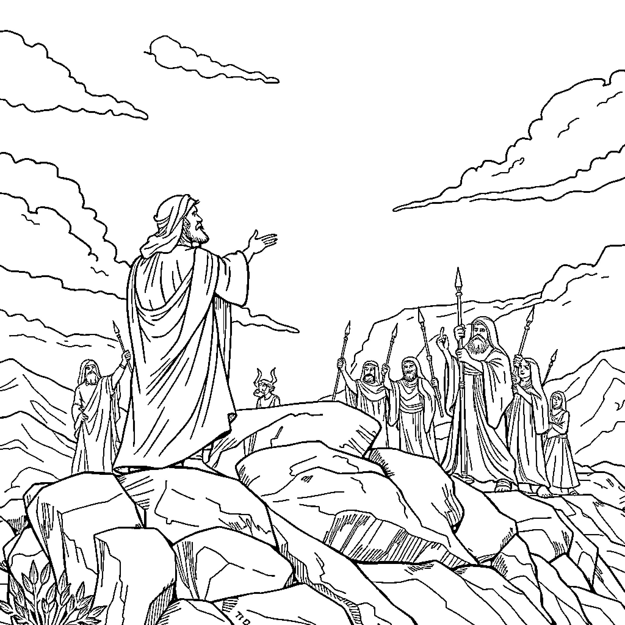Elijah delivering a message to the people in the wilderness Coloring Page (free black-and-white line drawing printable PDF for all, from beginners to advanced learners, including children, teens, adults, and seniors)