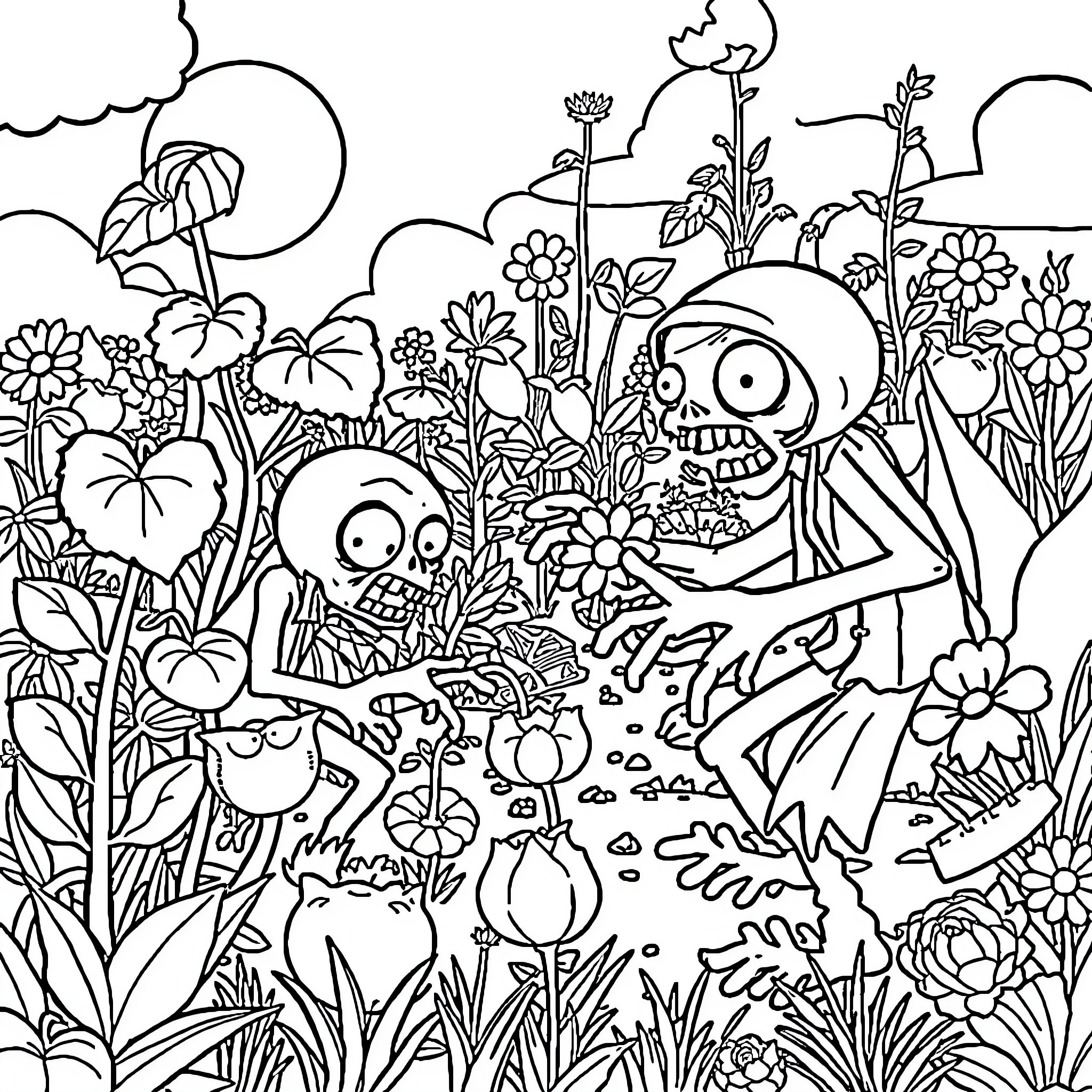 Plants vs. Zombies: Whimsical Floral Standoff Coloring Page (free black-and-white line drawing printable PDF for all, from beginners to advanced learners, including children, teens, adults, and seniors)