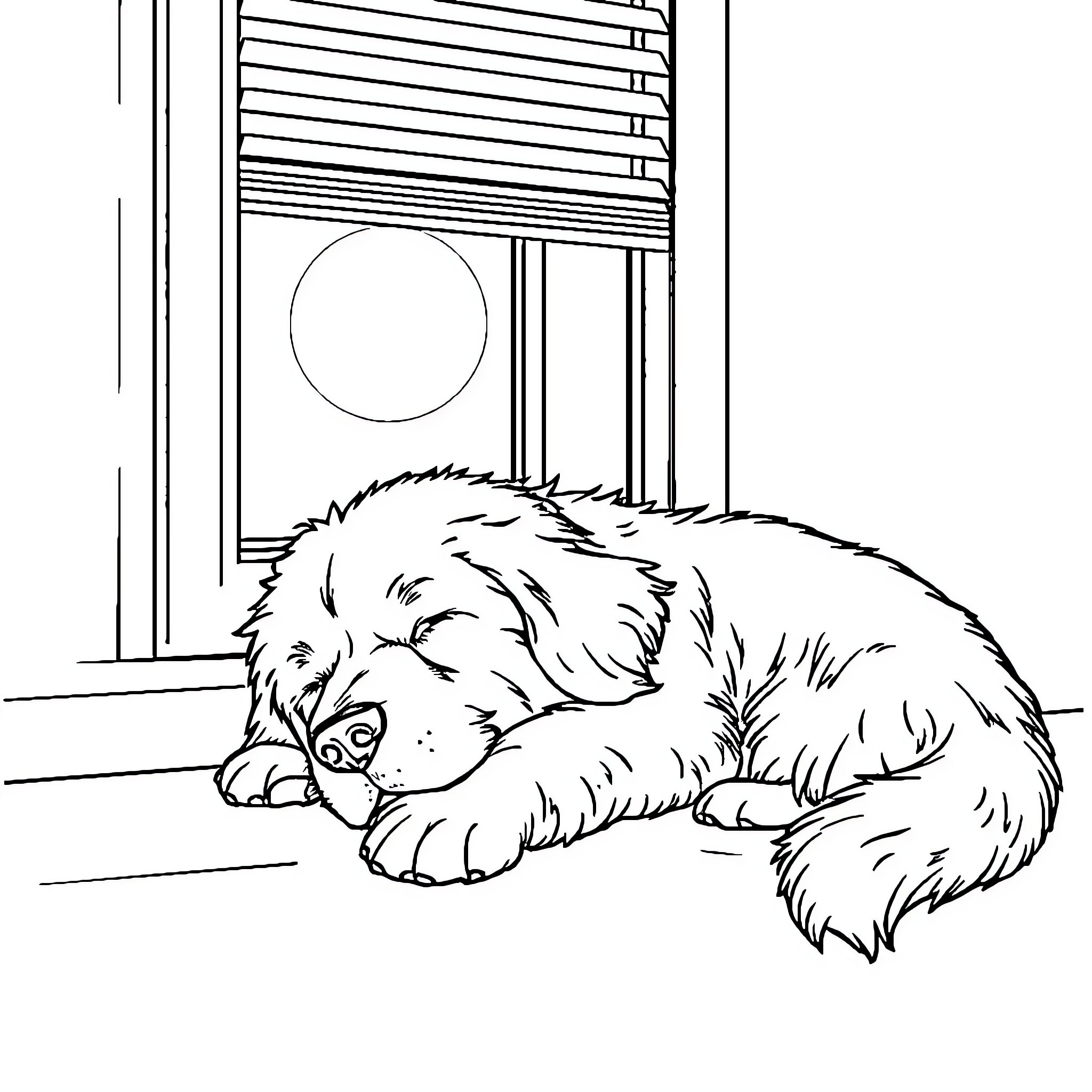 Golden Retriever resting peacefully by the window Coloring Page (free black-and-white line drawing printable PDF for all, from beginners to advanced learners, including children, teens, adults, and seniors)