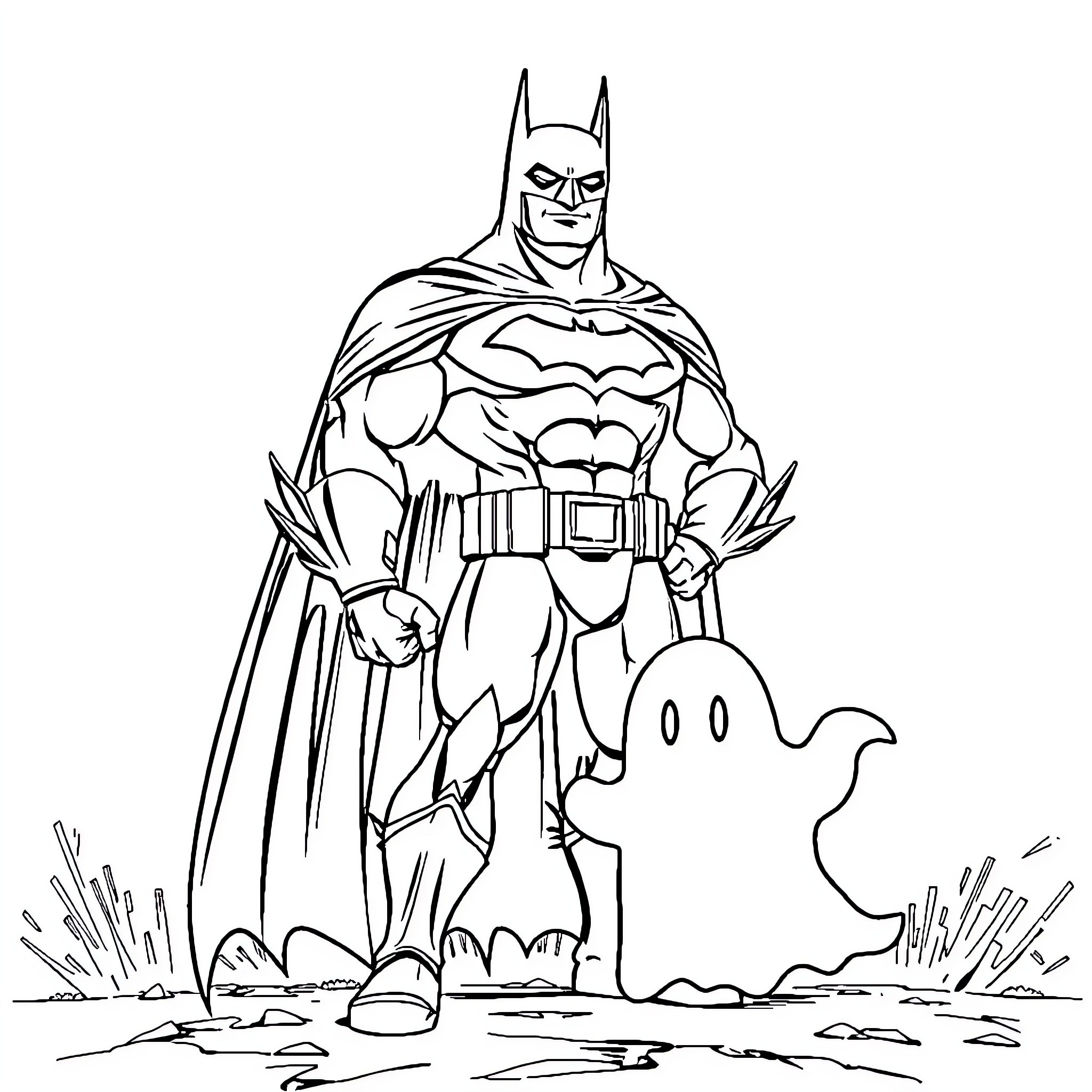 Bat Superhero Facing Ghostly Foe Coloring Page (free black-and-white line drawing printable PDF for all, from beginners to advanced learners, including children, teens, adults, and seniors)