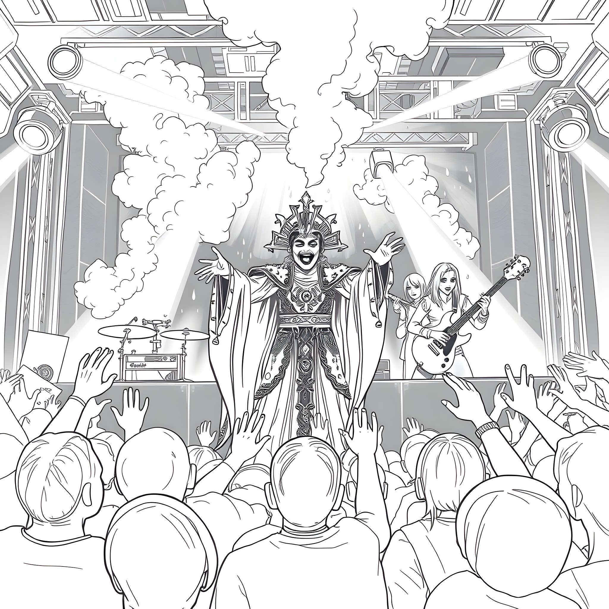 Band performing on stage with elaborate costumes and fans Coloring Page (free black-and-white line drawing printable PDF for all, from beginners to advanced learners, including children, teens, adults, and seniors)
