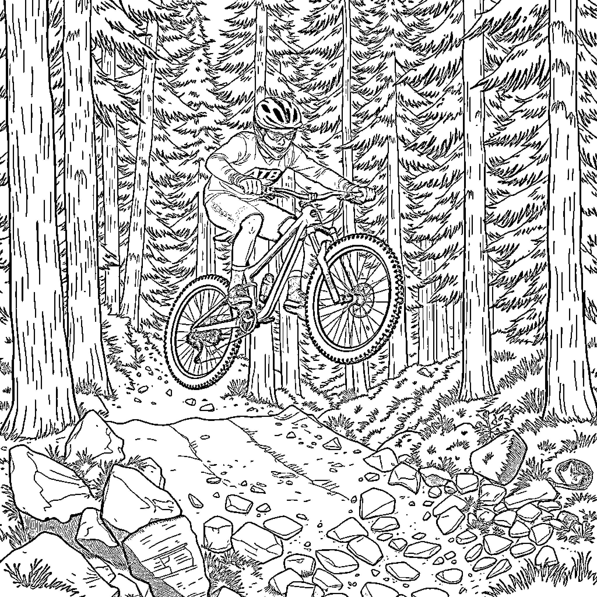 Mountain Biker traversing rugged forest landscape Coloring Page (free black-and-white line drawing printable PDF for all, from beginners to advanced learners, including children, teens, adults, and seniors)