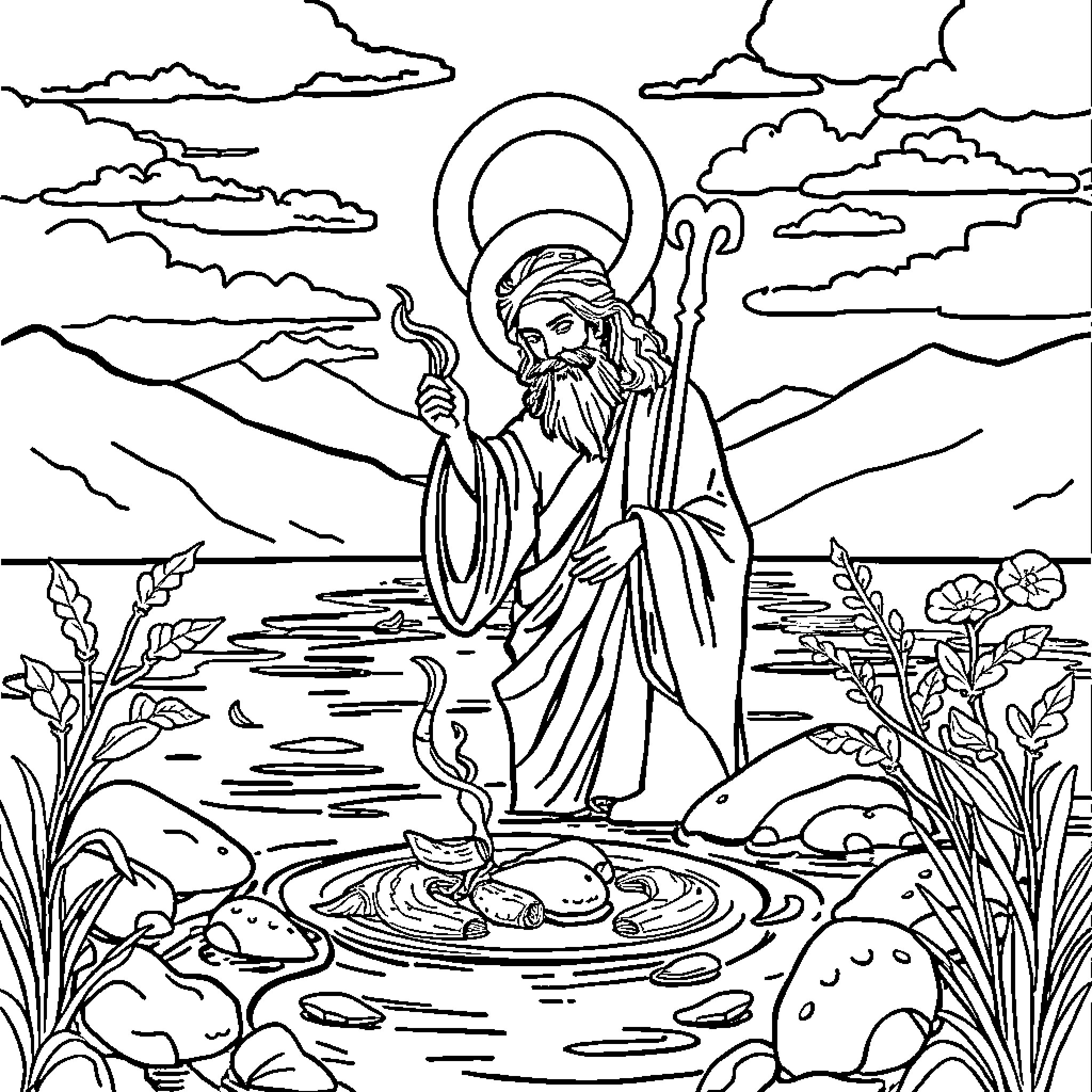 Yesus blessing the waters with staff and halo Coloring Page (free black-and-white line drawing printable PDF for all, from beginners to advanced learners, including children, teens, adults, and seniors)