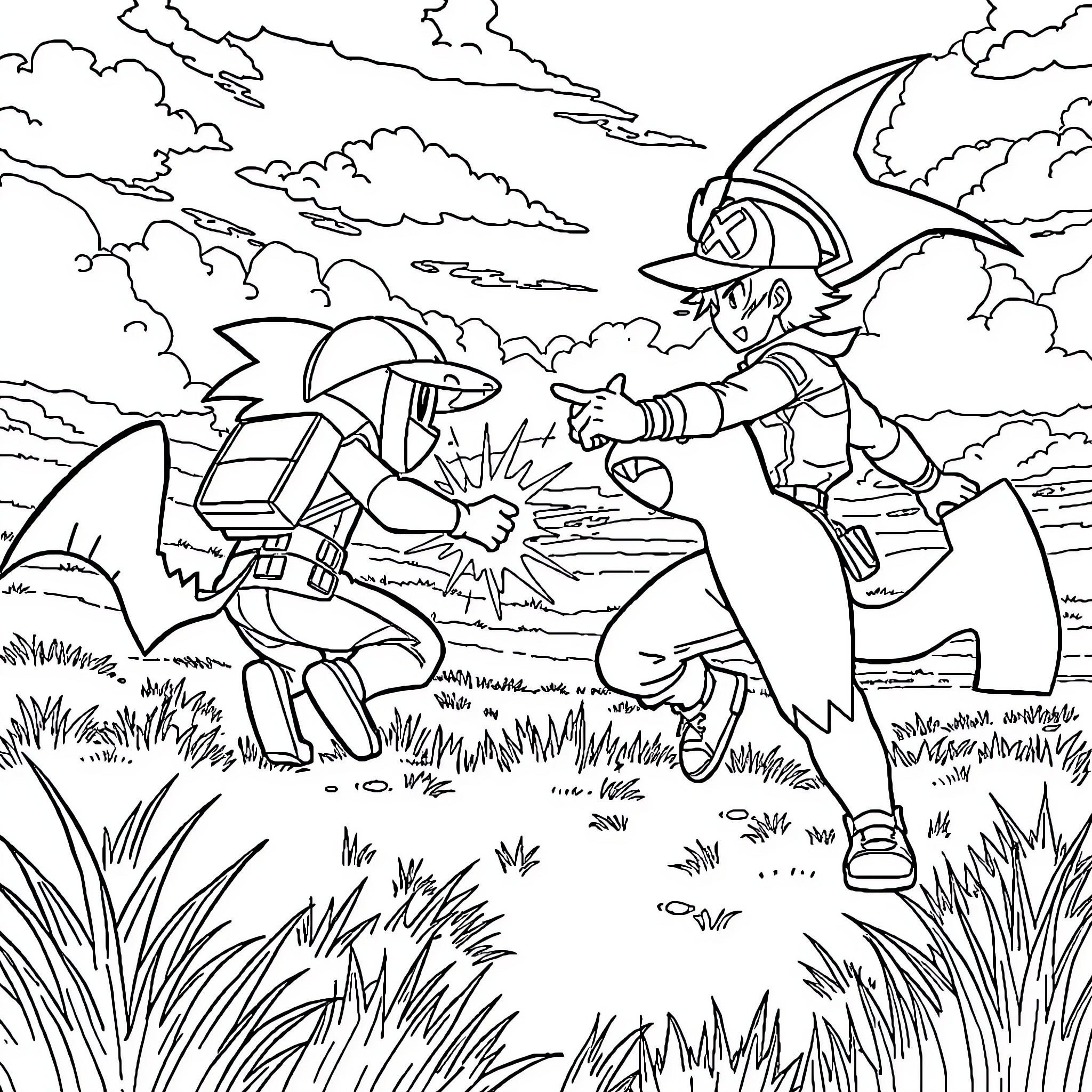 Pokémon Trainer Battling Ferocious Pokémon in Grassy Field Coloring Page (free black-and-white line drawing printable PDF for all, from beginners to advanced learners, including children, teens, adults, and seniors)