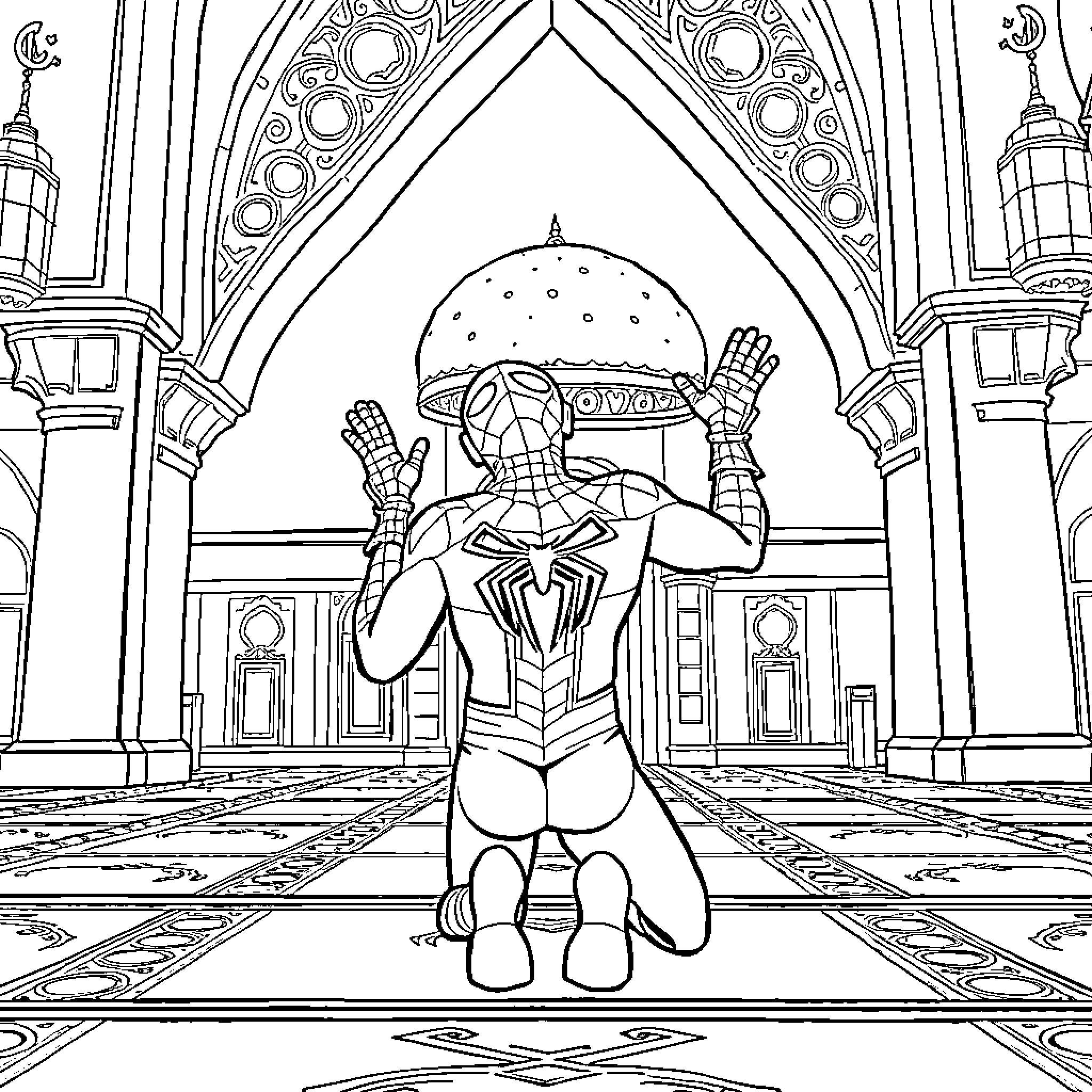 Spider-Man in a Magnificent Architectural Setting Coloring Page (free black-and-white line drawing printable PDF for all, from beginners to advanced learners, including children, teens, adults, and seniors)