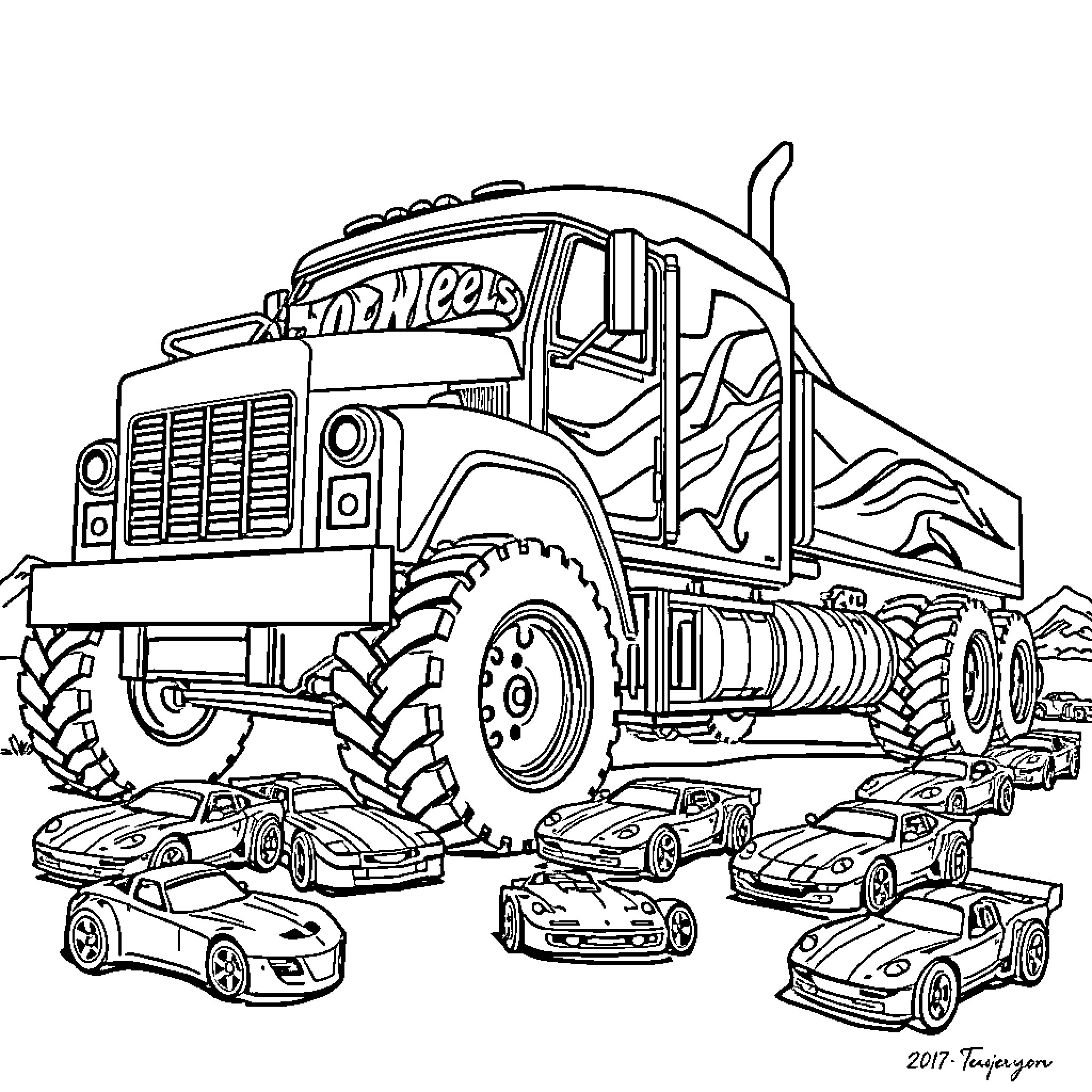 Truck with big wheels crushes toy cars Coloring Page (free black-and-white line drawing printable PDF for all, from beginners to advanced learners, including children, teens, adults, and seniors)