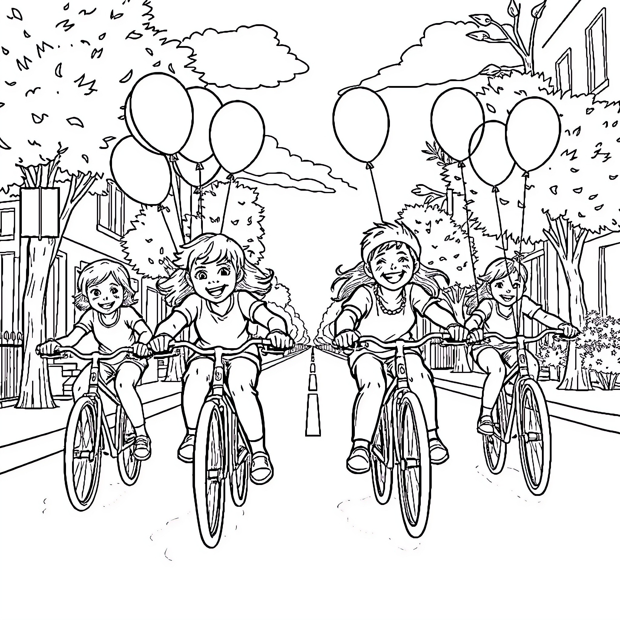 Kids enjoying a bike ride with balloons Coloring Page (free black-and-white line drawing printable PDF for all, from beginners to advanced learners, including children, teens, adults, and seniors)