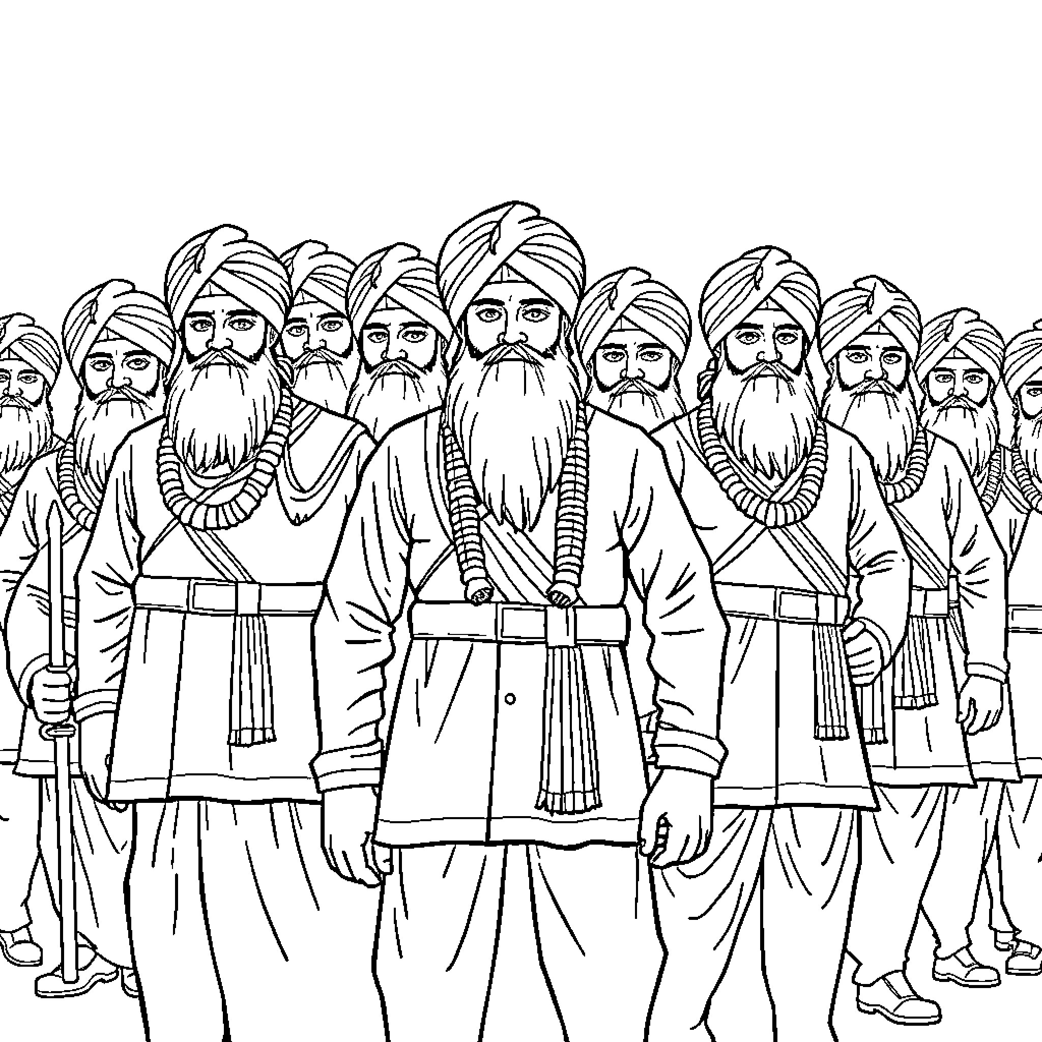Khalsa warriors in traditional attire and turbans Coloring Page (free black-and-white line drawing printable PDF for all, from beginners to advanced learners, including children, teens, adults, and seniors)