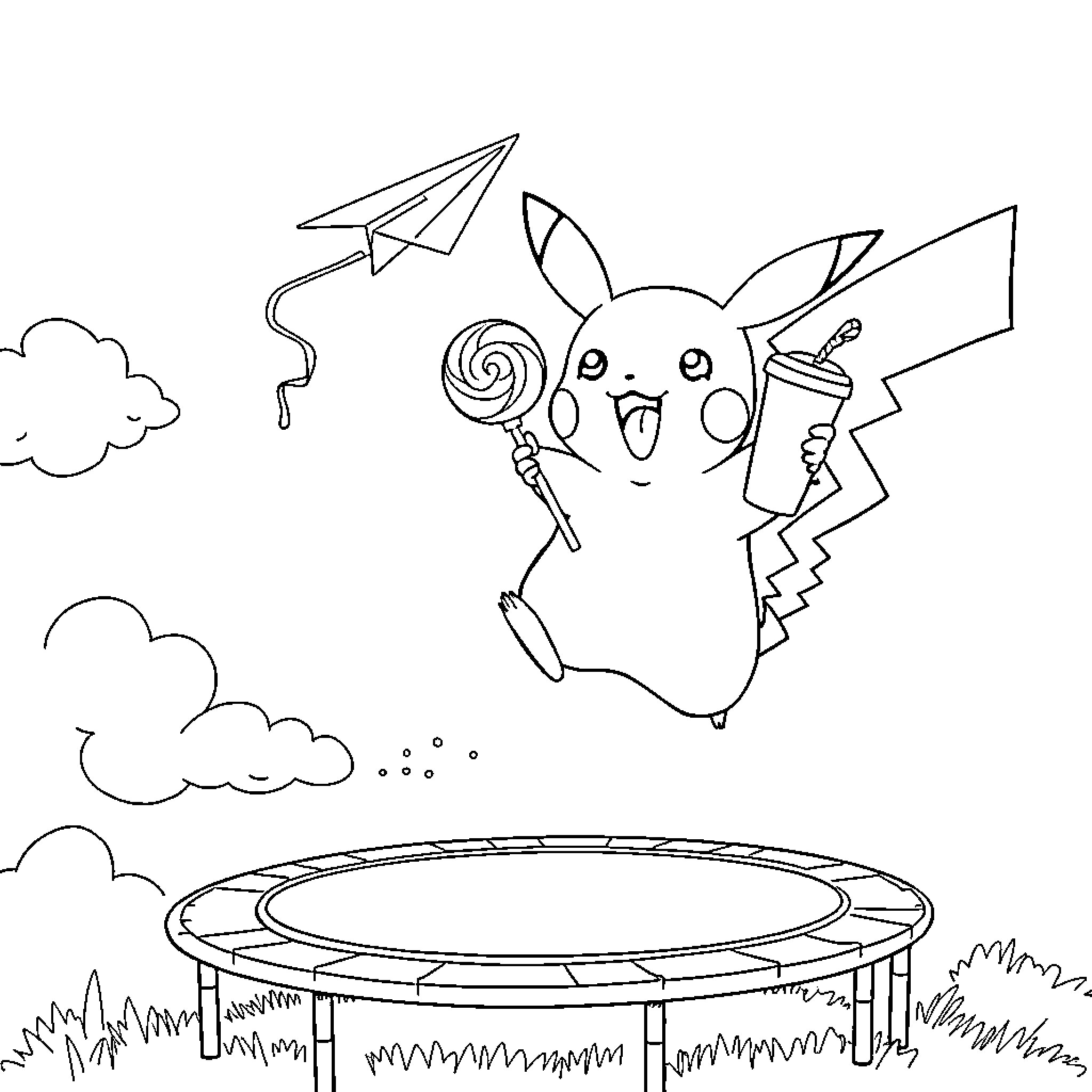 Pikachu playing with paper airplanes and lollipop Coloring Page (free black-and-white line drawing printable PDF for all, from beginners to advanced learners, including children, teens, adults, and seniors)