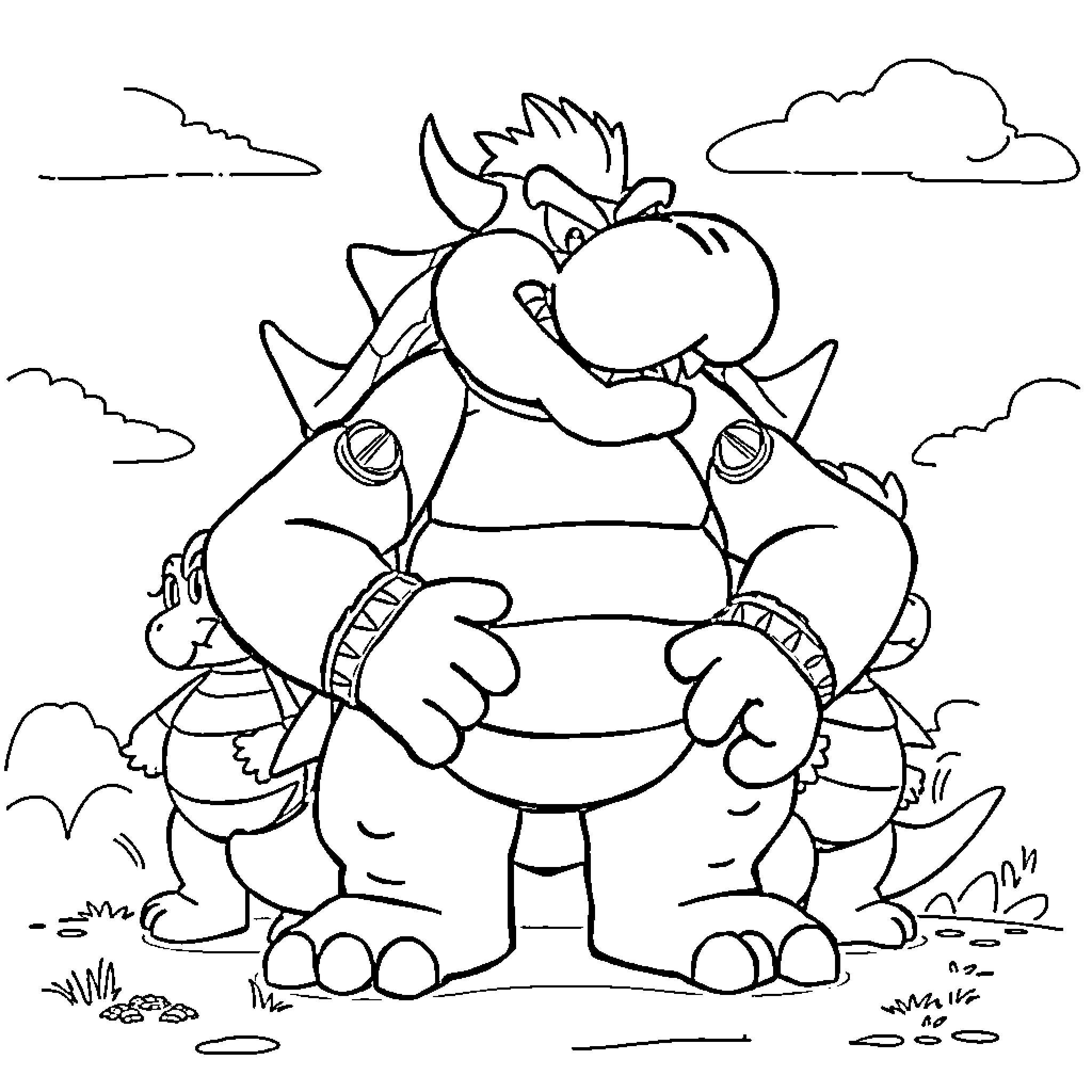 Bowser enjoying a sunny day outdoors Coloring Page (free black-and-white line drawing printable PDF for all, from beginners to advanced learners, including children, teens, adults, and seniors)
