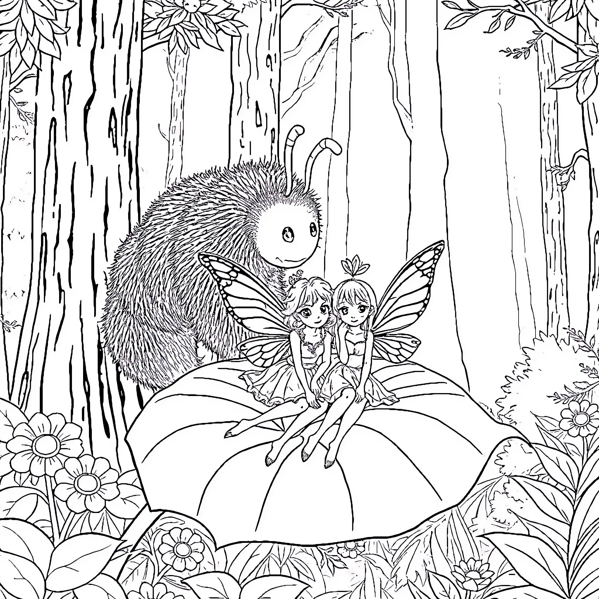 Fairy Companions in the Enchanted Forest Coloring Page (free black-and-white line drawing printable PDF for all, from beginners to advanced learners, including children, teens, adults, and seniors)