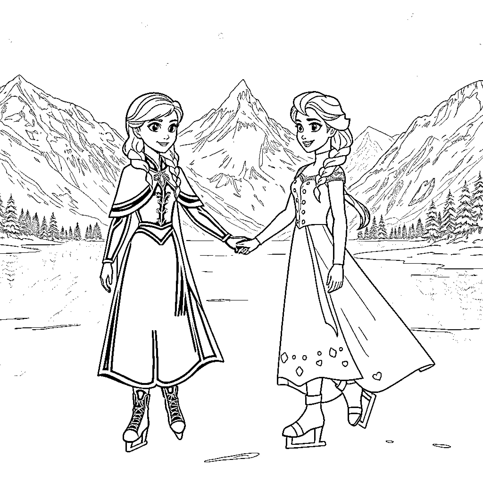 Elsa and Anna in the Snowy Mountain Landscape Coloring Page (free black-and-white line drawing printable PDF for all, from beginners to advanced learners, including children, teens, adults, and seniors)