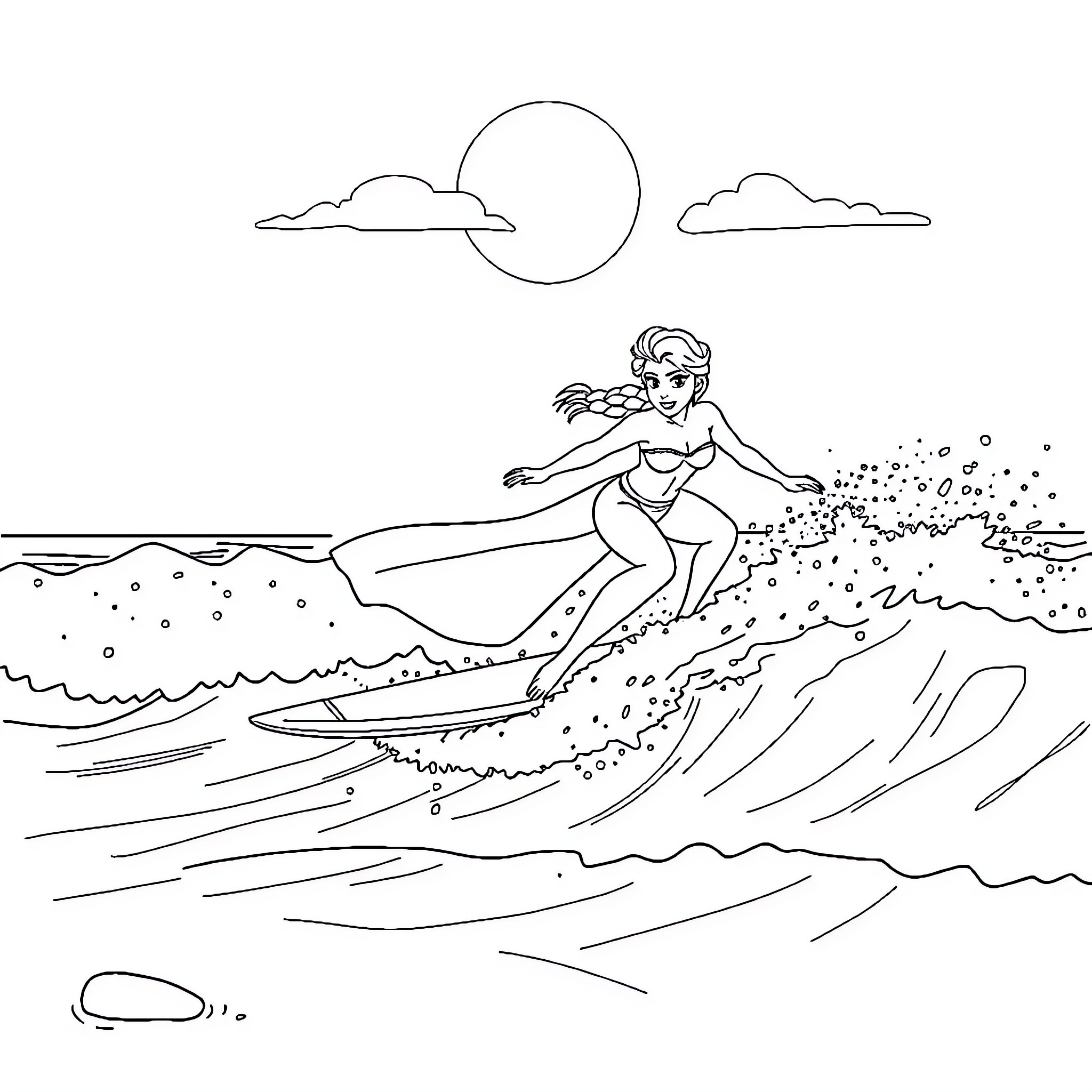 Elsa surfing waves under the night sky Coloring Page (free black-and-white line drawing printable PDF for all, from beginners to advanced learners, including children, teens, adults, and seniors)