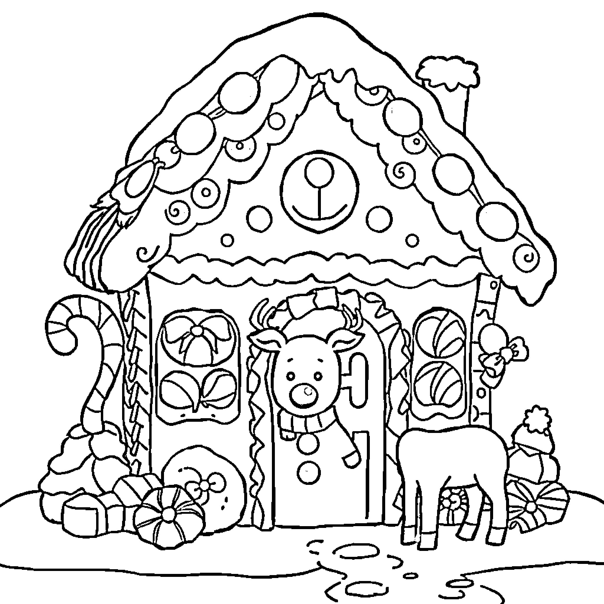 Gingerbread House with Whimsical Animals and Decorations Coloring Page (free black-and-white line drawing printable PDF for all, from beginners to advanced learners, including children, teens, adults, and seniors)