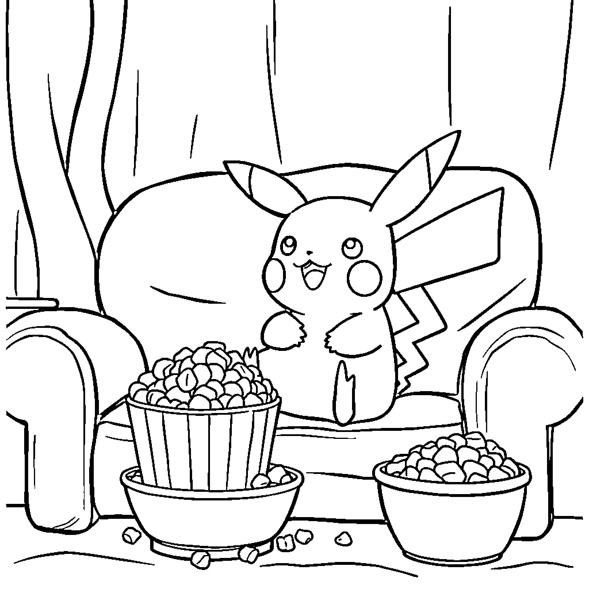 Pikachu enjoying a snack of popcorn Coloring Page (free black-and-white line drawing printable PDF for all, from beginners to advanced learners, including children, teens, adults, and seniors)