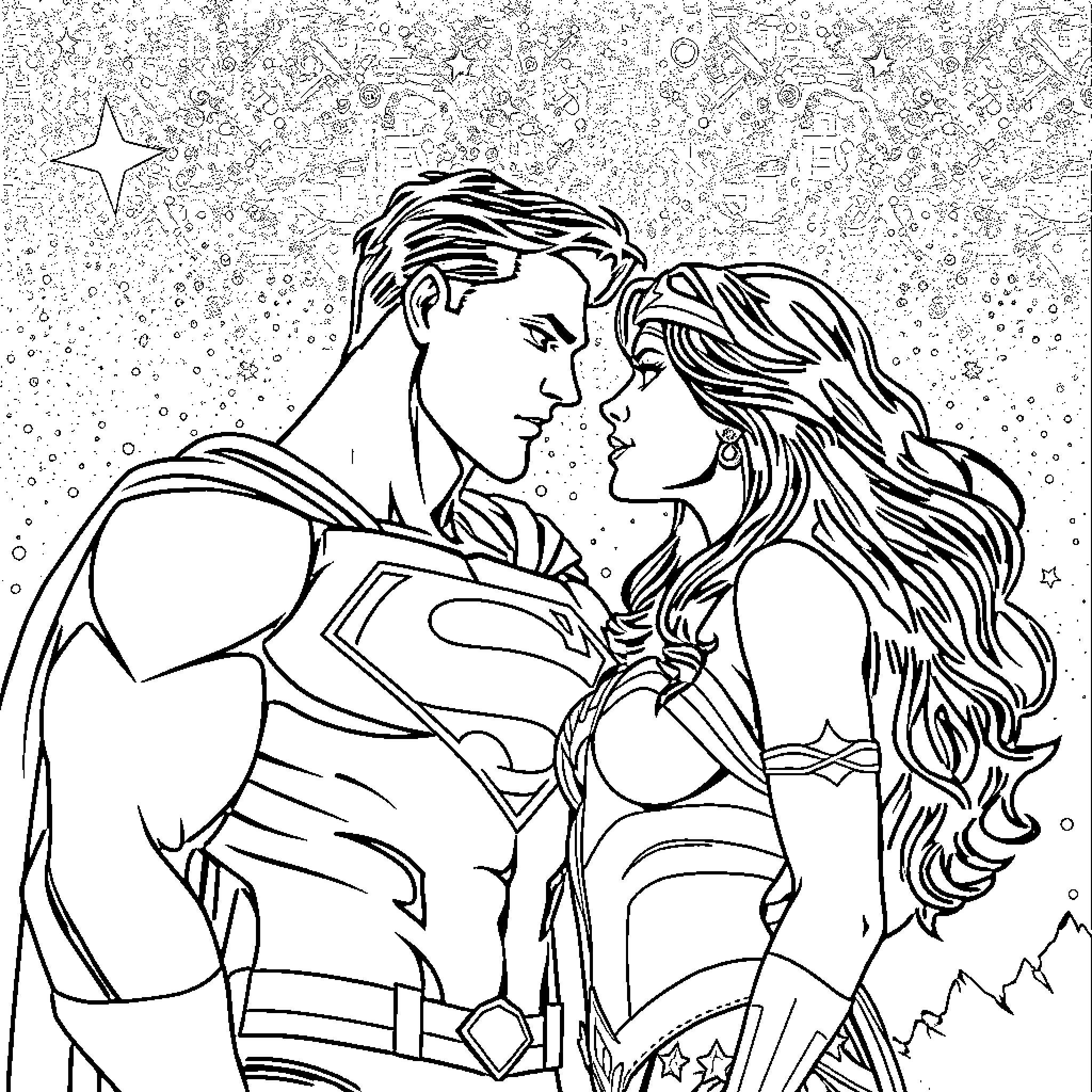 Superman and Superwoman in a romantic moment Coloring Page (free black-and-white line drawing printable PDF for all, from beginners to advanced learners, including children, teens, adults, and seniors)