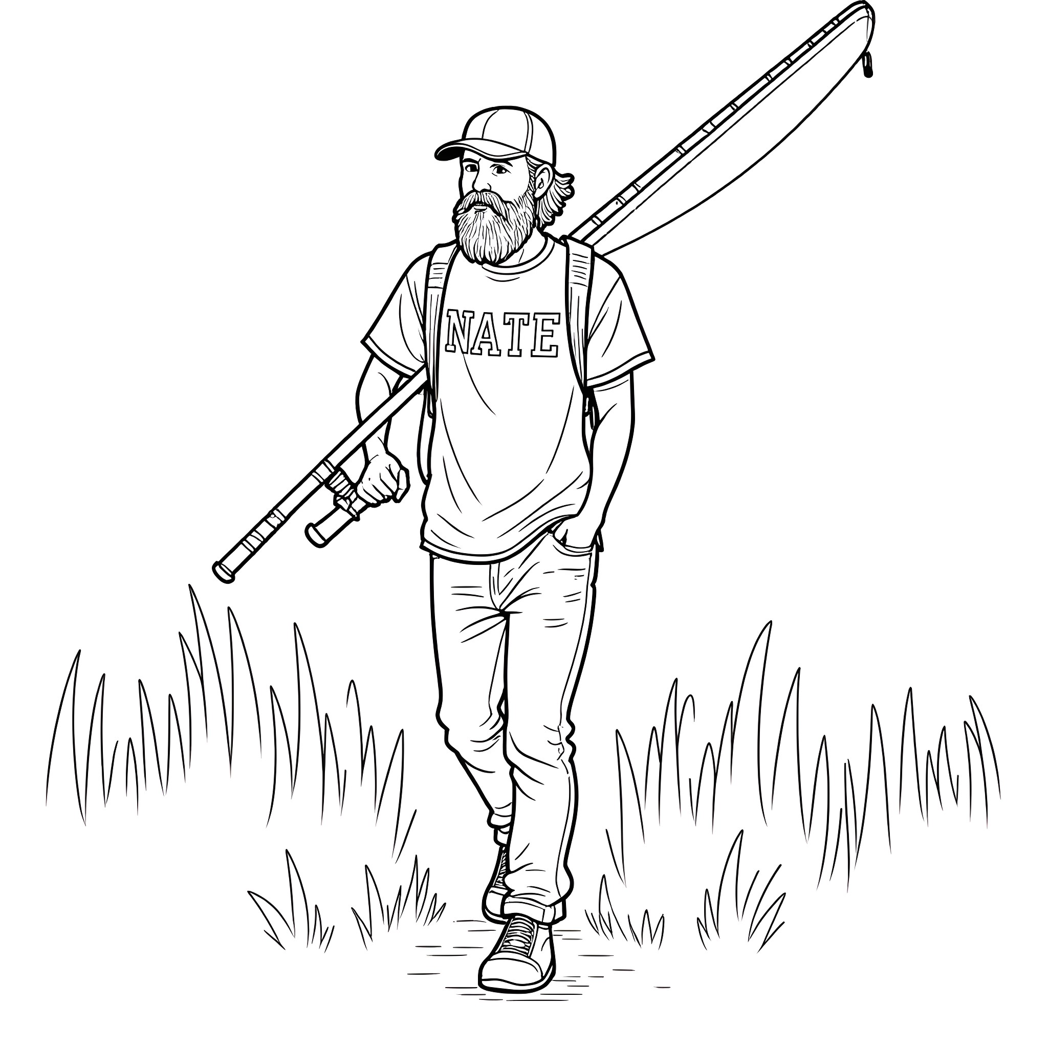 Man walking with fishing rod in the field Coloring Page (free black-and-white line drawing printable PDF for all, from beginners to advanced learners, including children, teens, adults, and seniors)