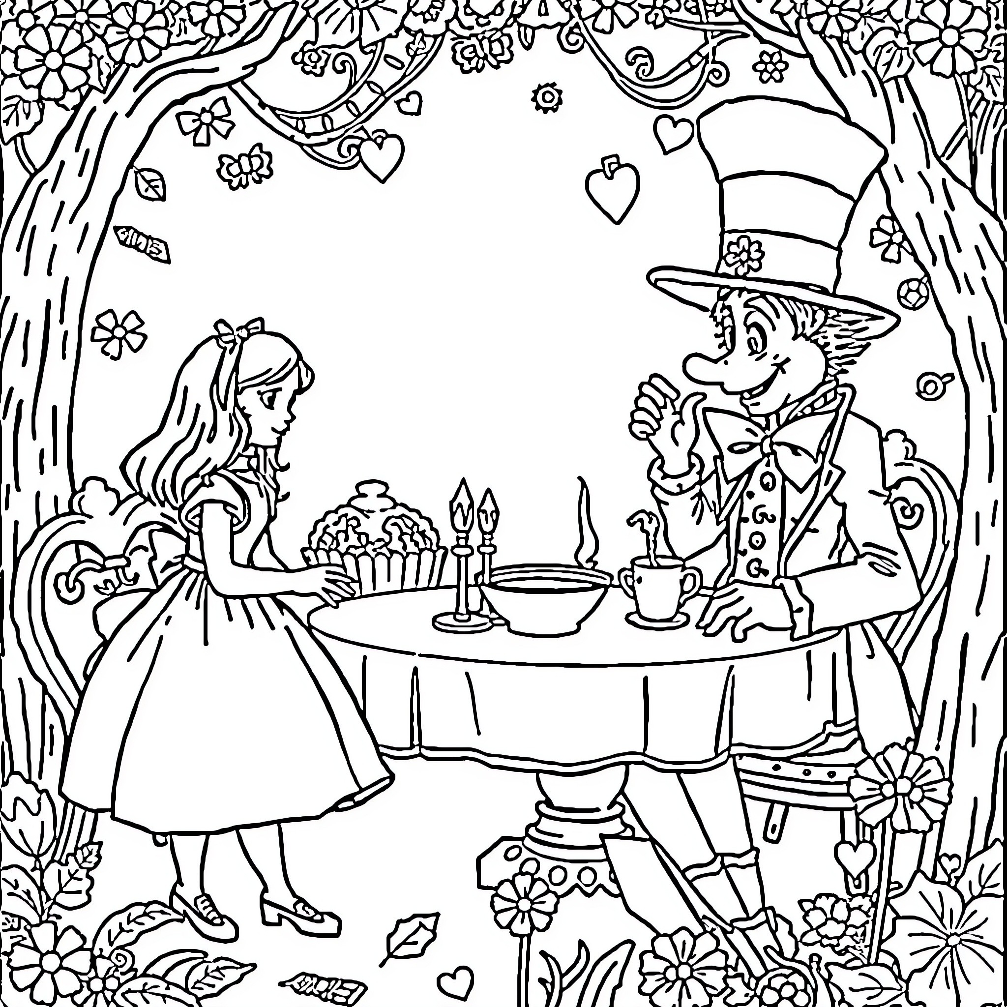 Alice's Whimsical Tea Party in the Forest Coloring Page (free black-and-white line drawing printable PDF for all, from beginners to advanced learners, including children, teens, adults, and seniors)