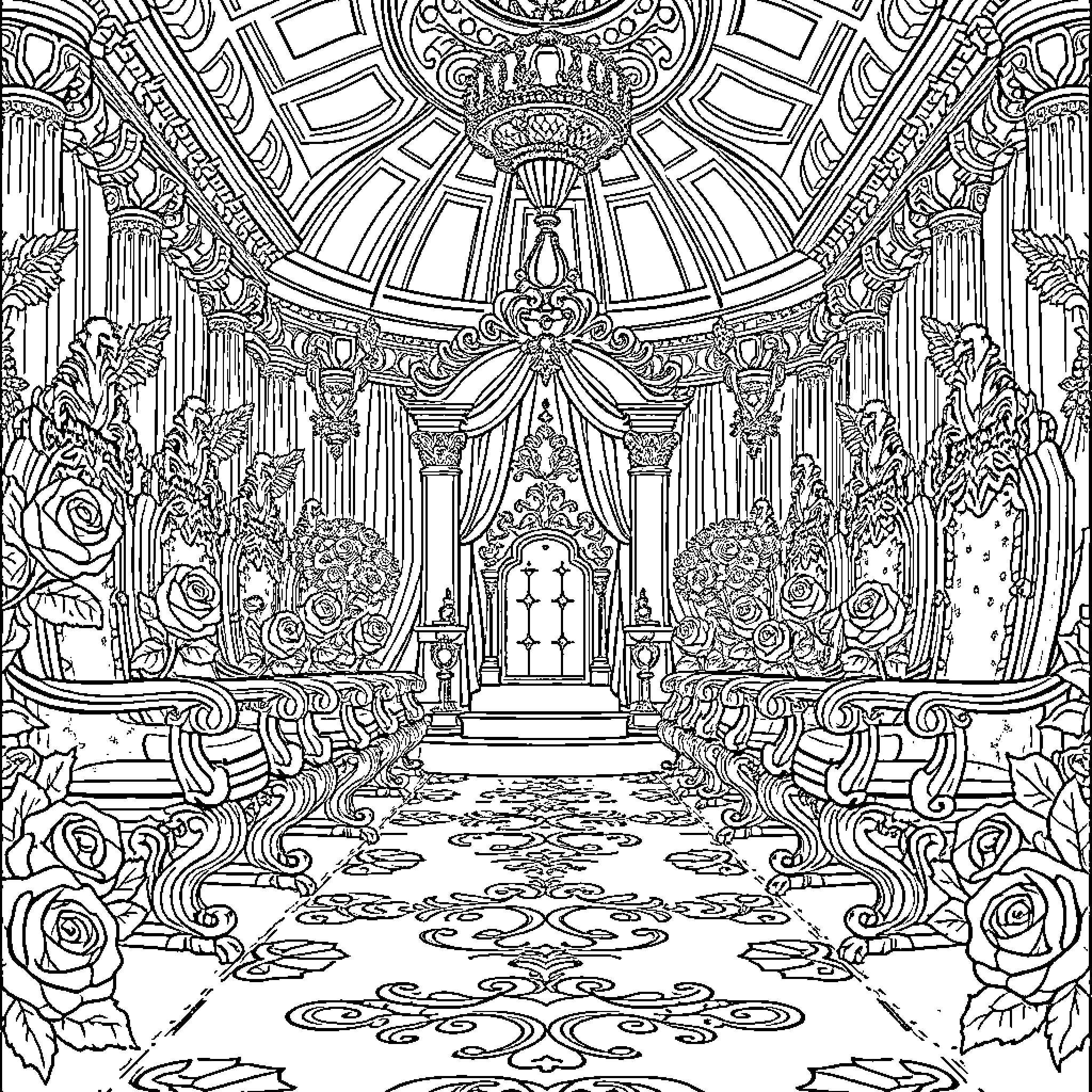 Court Room Decor and Lavish Furnishings Coloring Page (free black-and-white line drawing printable PDF for all, from beginners to advanced learners, including children, teens, adults, and seniors)