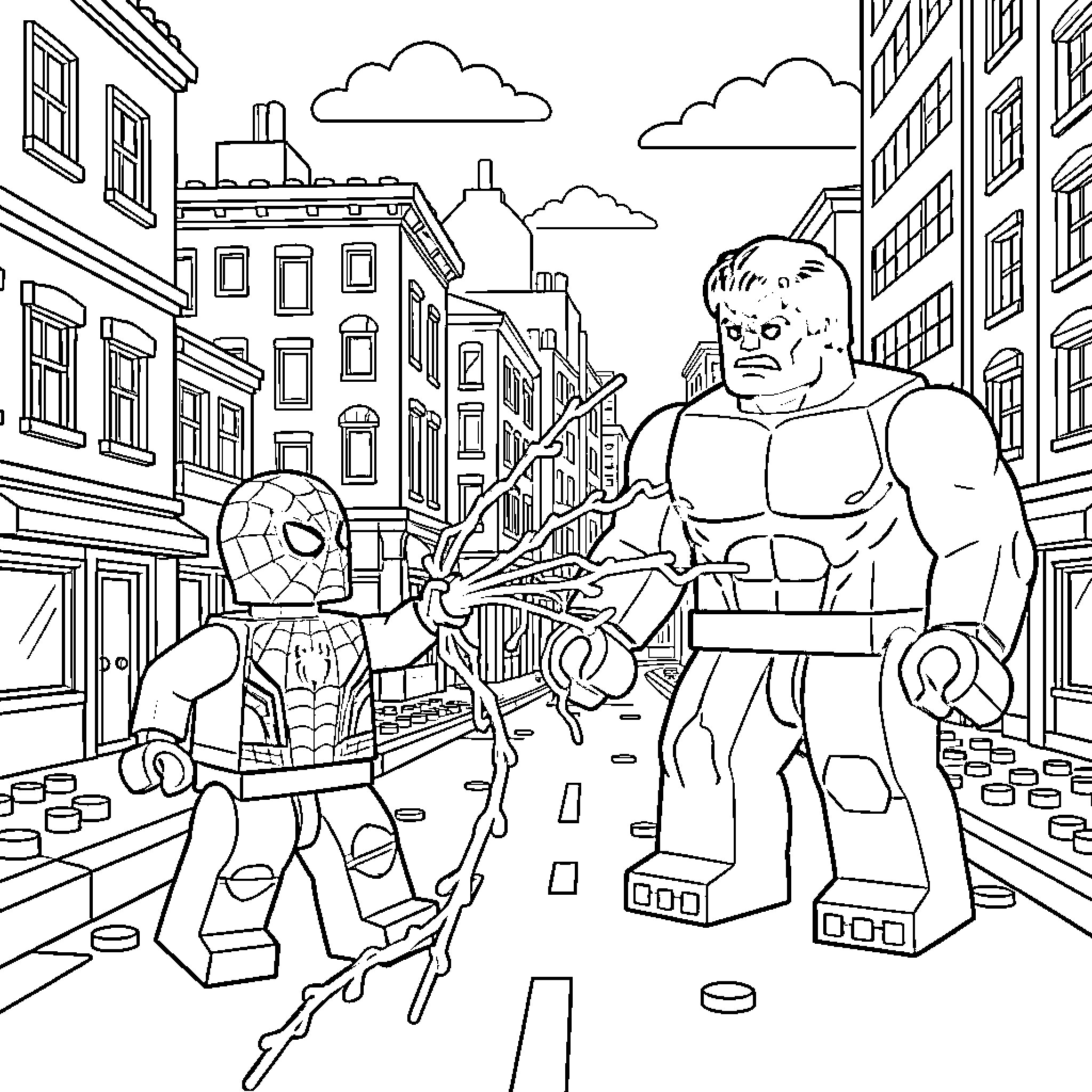 Spider-Man faces off against a powerful villain in the city streets Coloring Page (free black-and-white line drawing printable PDF for all, from beginners to advanced learners, including children, teens, adults, and seniors)