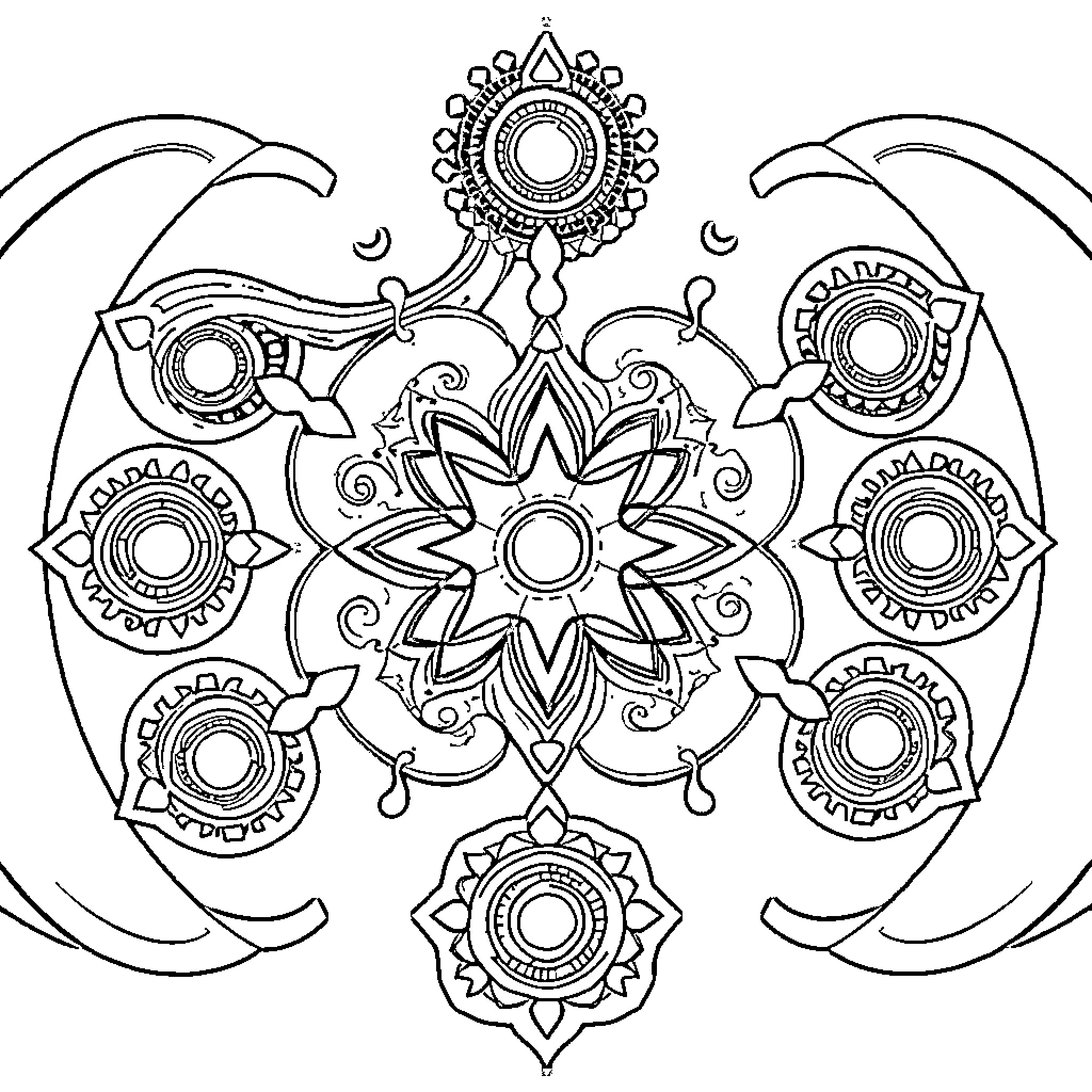 Chakra Inspired Intricate Mandala Design Coloring Page (free black-and-white line drawing printable PDF for all, from beginners to advanced learners, including children, teens, adults, and seniors)