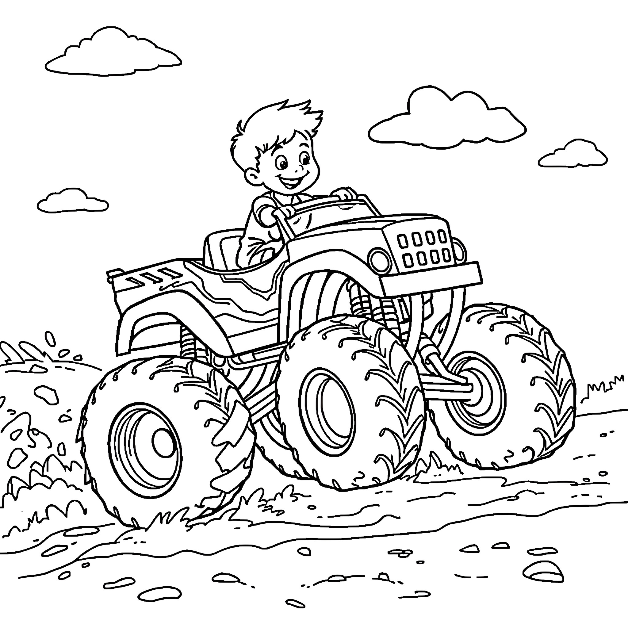 Boy driving a big monster truck in the countryside Coloring Page (free black-and-white line drawing printable PDF for all, from beginners to advanced learners, including children, teens, adults, and seniors)
