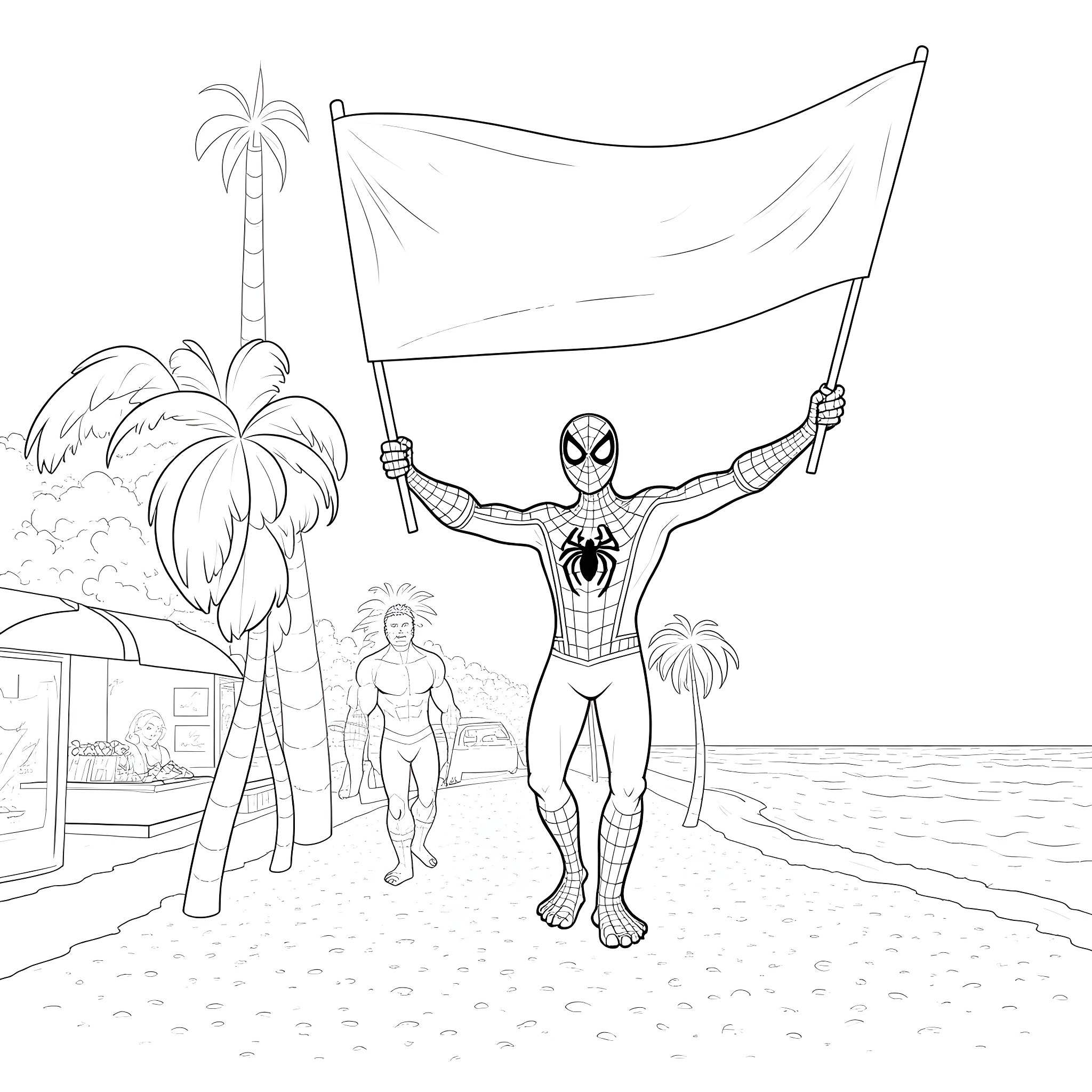 Spiderman Proudly Waves Flag on Tropical Beach Coloring Page (free black-and-white line drawing printable PDF for all, from beginners to advanced learners, including children, teens, adults, and seniors)