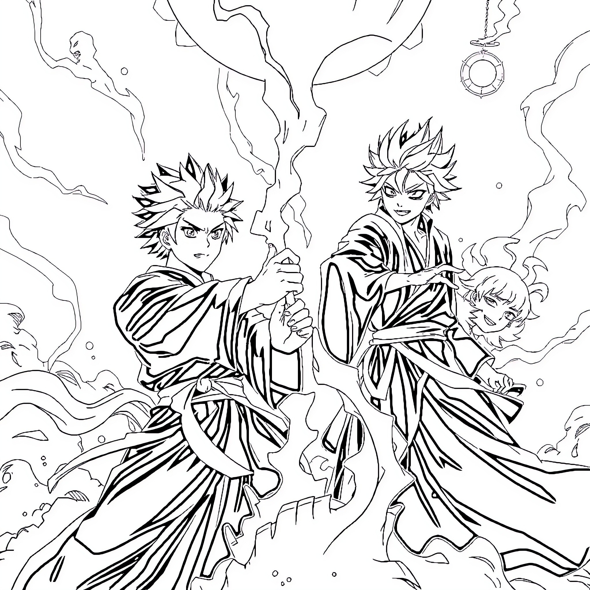 Jujutsu Kaisen: Powerful Sorcerers Wielding Mystical Energies Coloring Page (free black-and-white line drawing printable PDF for all, from beginners to advanced learners, including children, teens, adults, and seniors)
