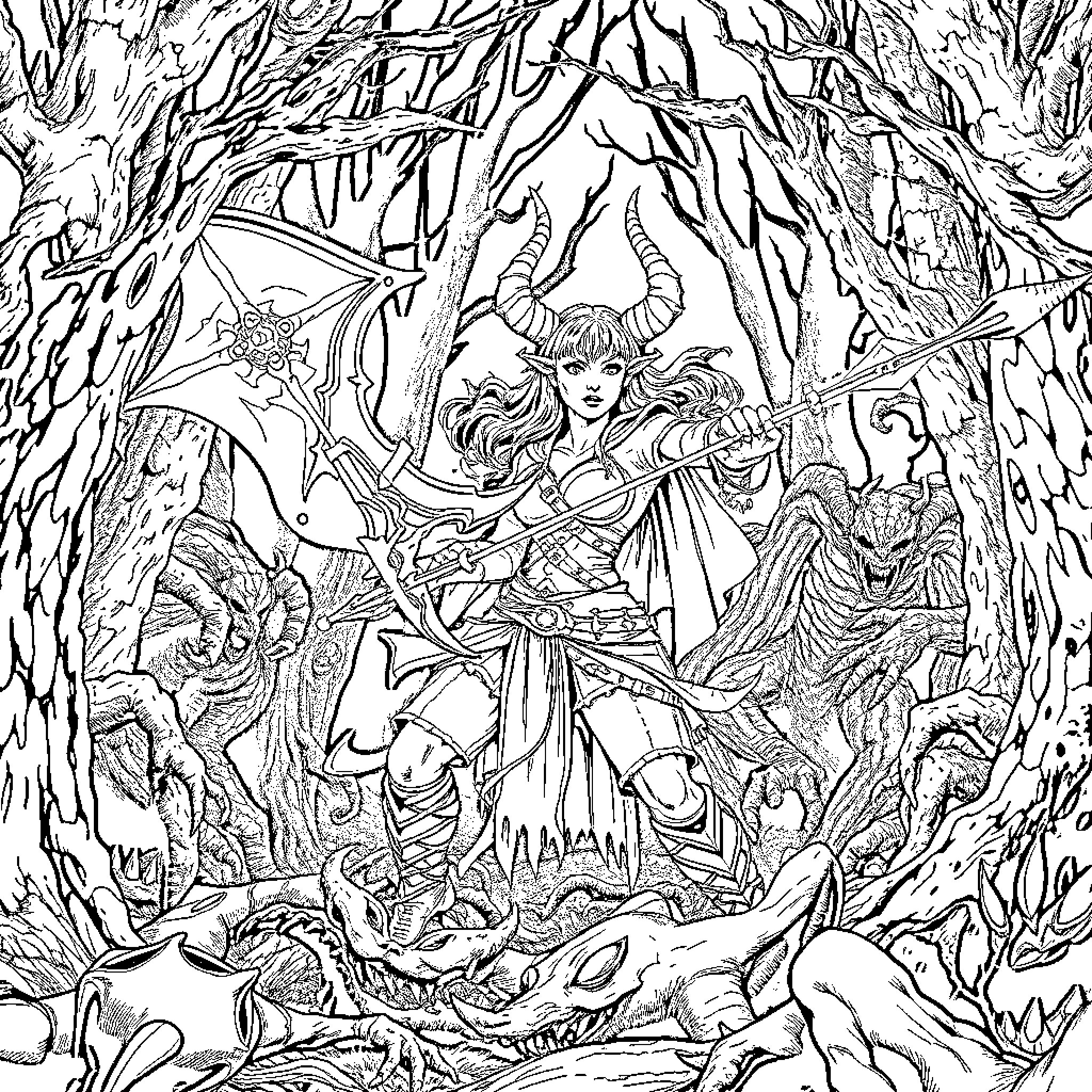 Demon Warrior Battles Fierce Beasts in Twisted Forest Coloring Page (free black-and-white line drawing printable PDF for all, from beginners to advanced learners, including children, teens, adults, and seniors)