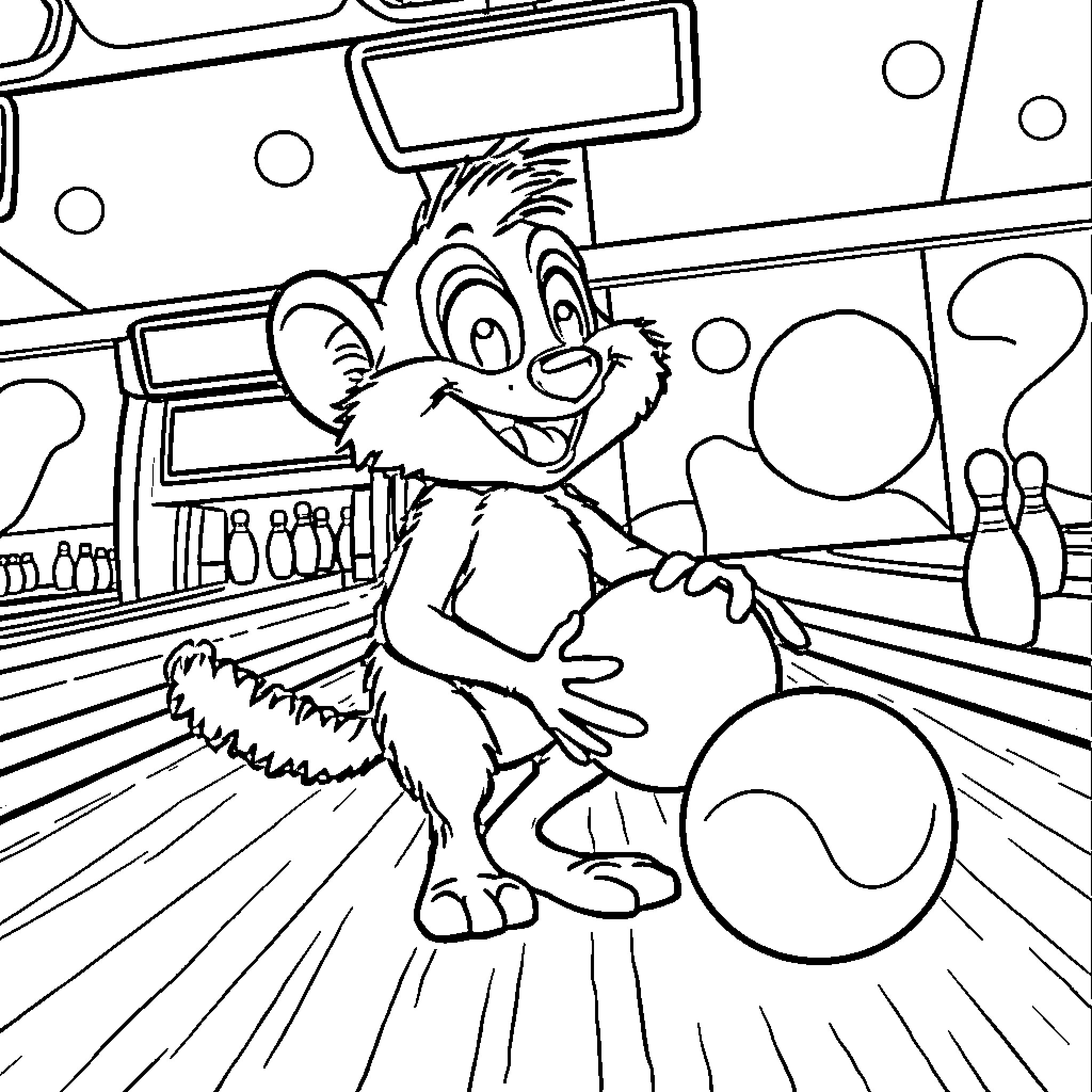 Grookey bowling in a playful scene Coloring Page (free black-and-white line drawing printable PDF for all, from beginners to advanced learners, including children, teens, adults, and seniors)