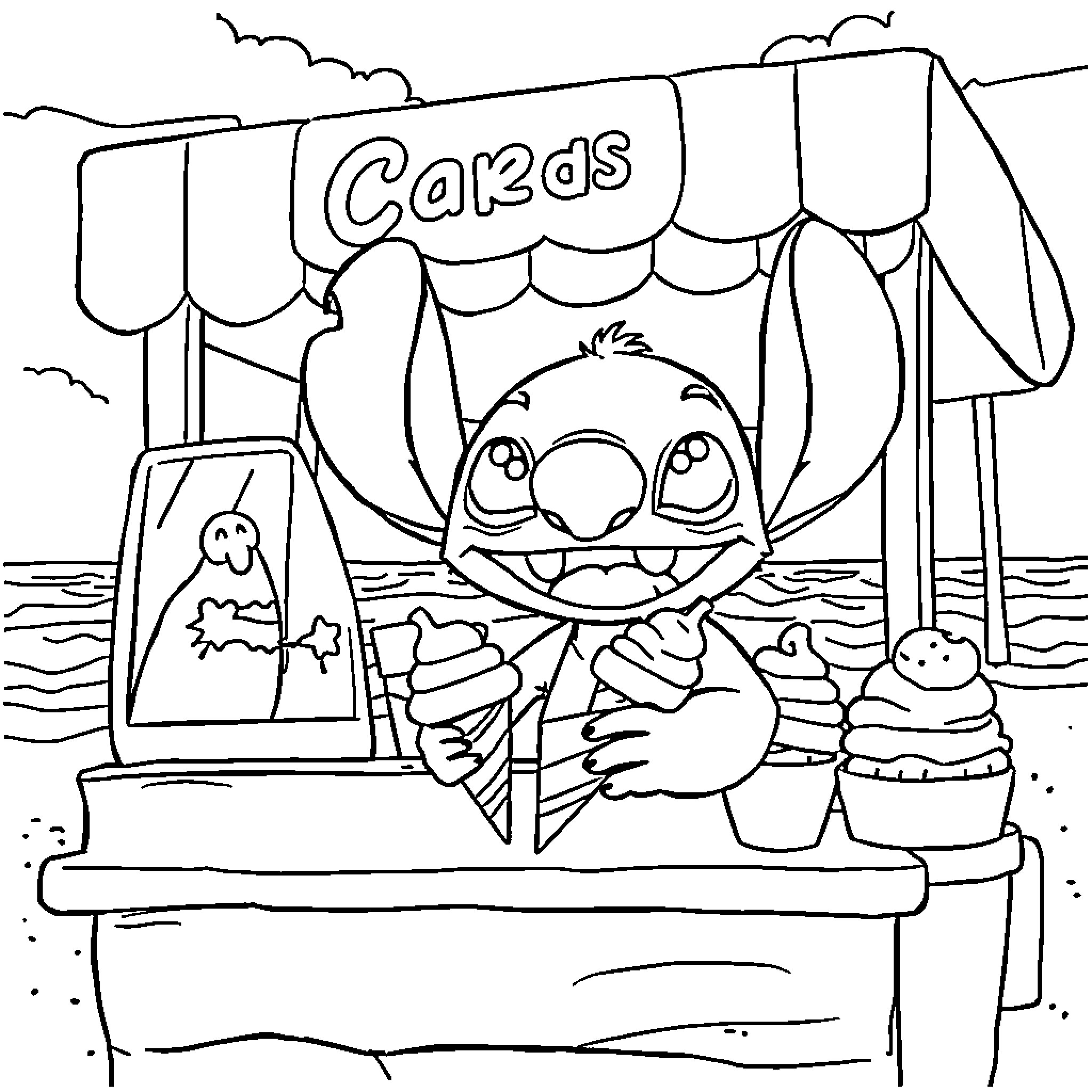 Stitch operating a beachside card stand Coloring Page (free black-and-white line drawing printable PDF for all, from beginners to advanced learners, including children, teens, adults, and seniors)
