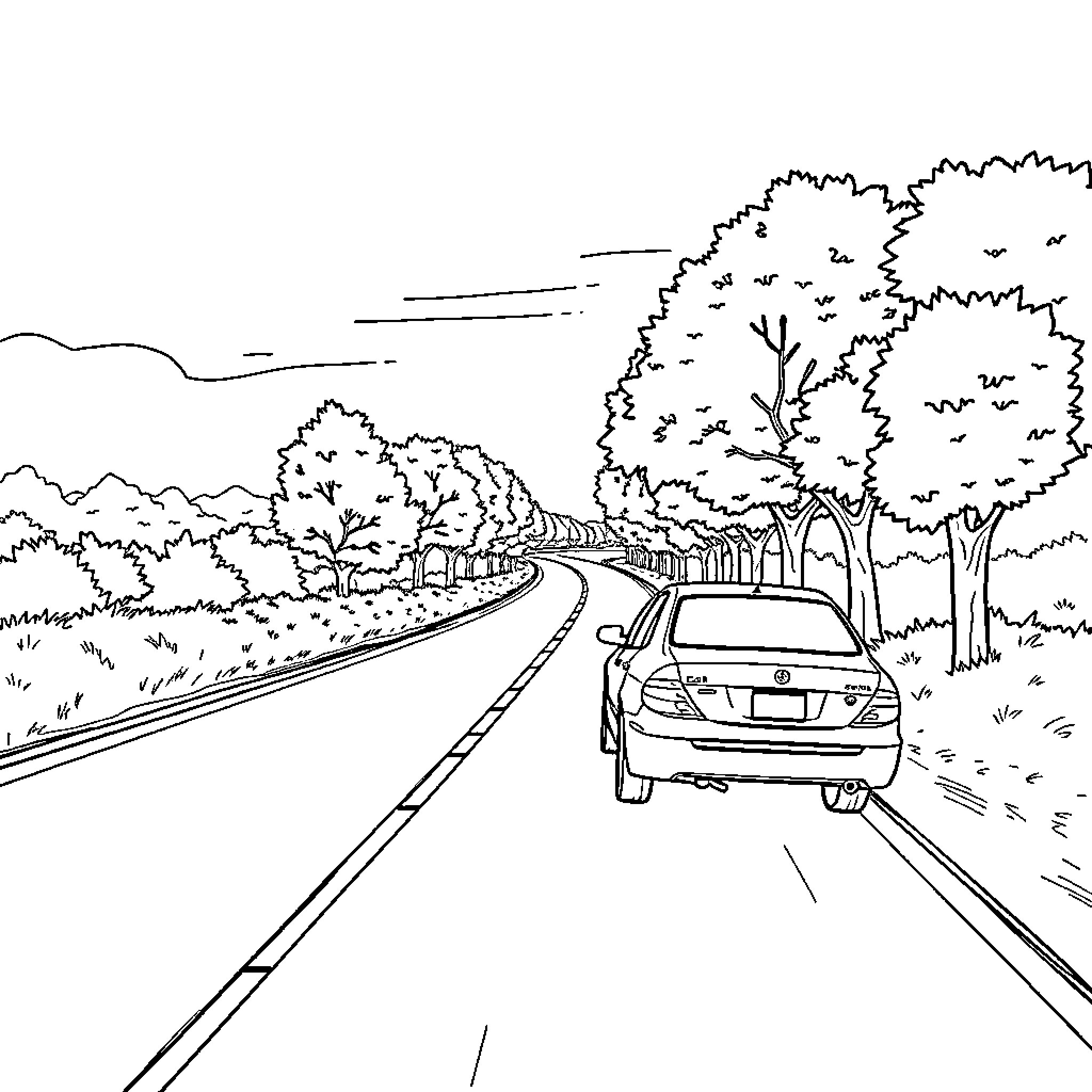 Car driving through scenic forest landscape Coloring Page (free black-and-white line drawing printable PDF for all, from beginners to advanced learners, including children, teens, adults, and seniors)