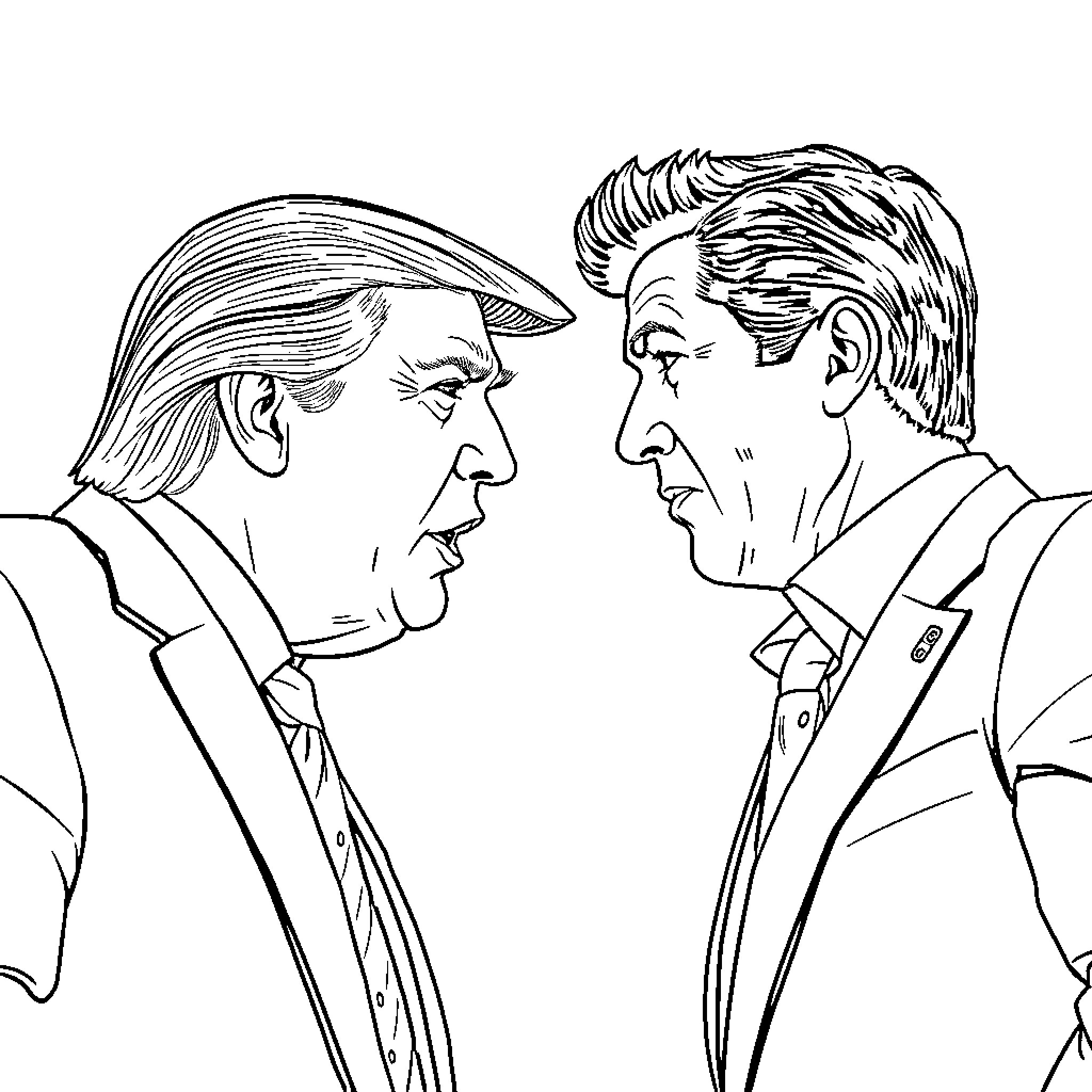 Trump Confronting Rival Politician Coloring Page (free black-and-white line drawing printable PDF for all, from beginners to advanced learners, including children, teens, adults, and seniors)