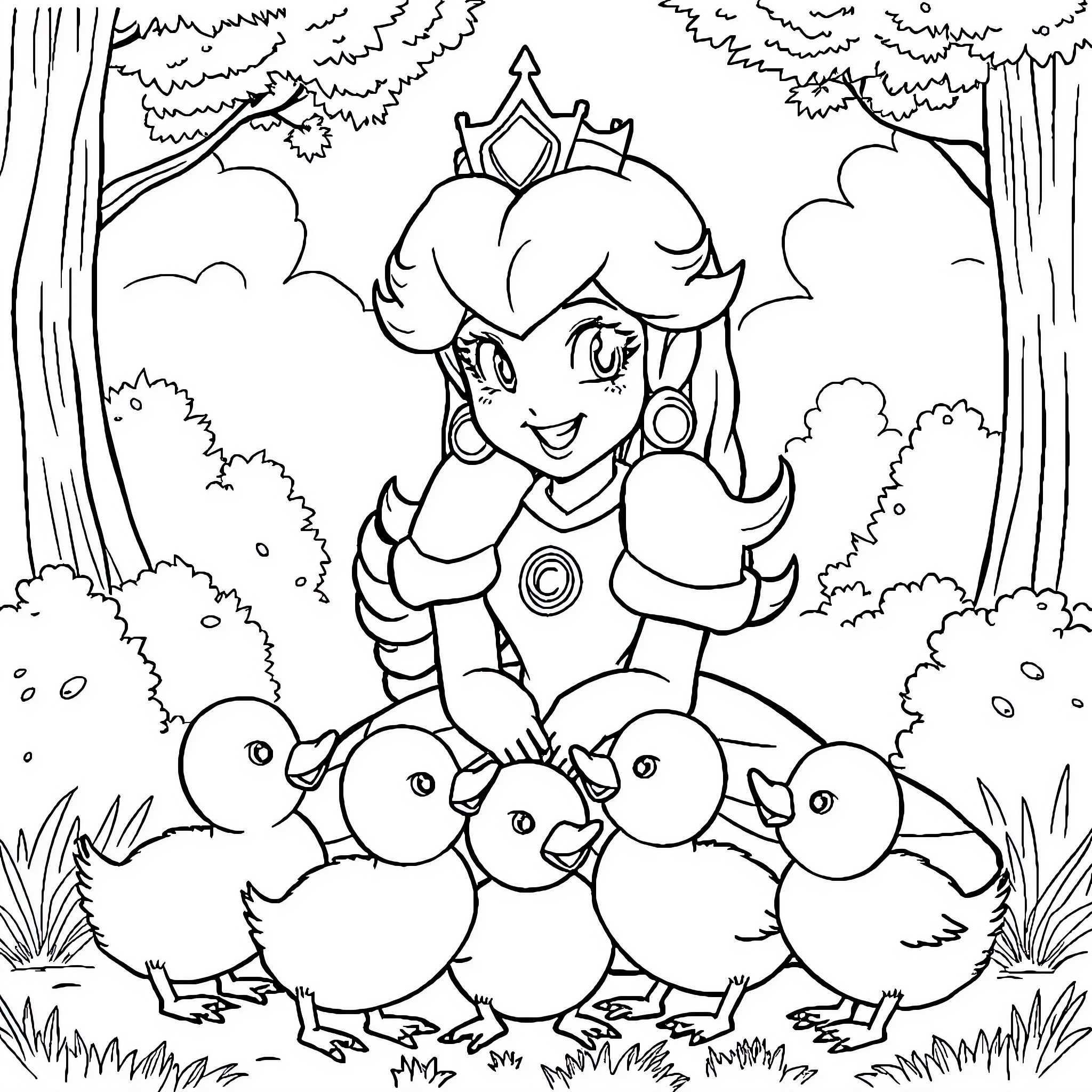 Princess surrounded by cheerful ducklings in nature Coloring Page (free black-and-white line drawing printable PDF for all, from beginners to advanced learners, including children, teens, adults, and seniors)