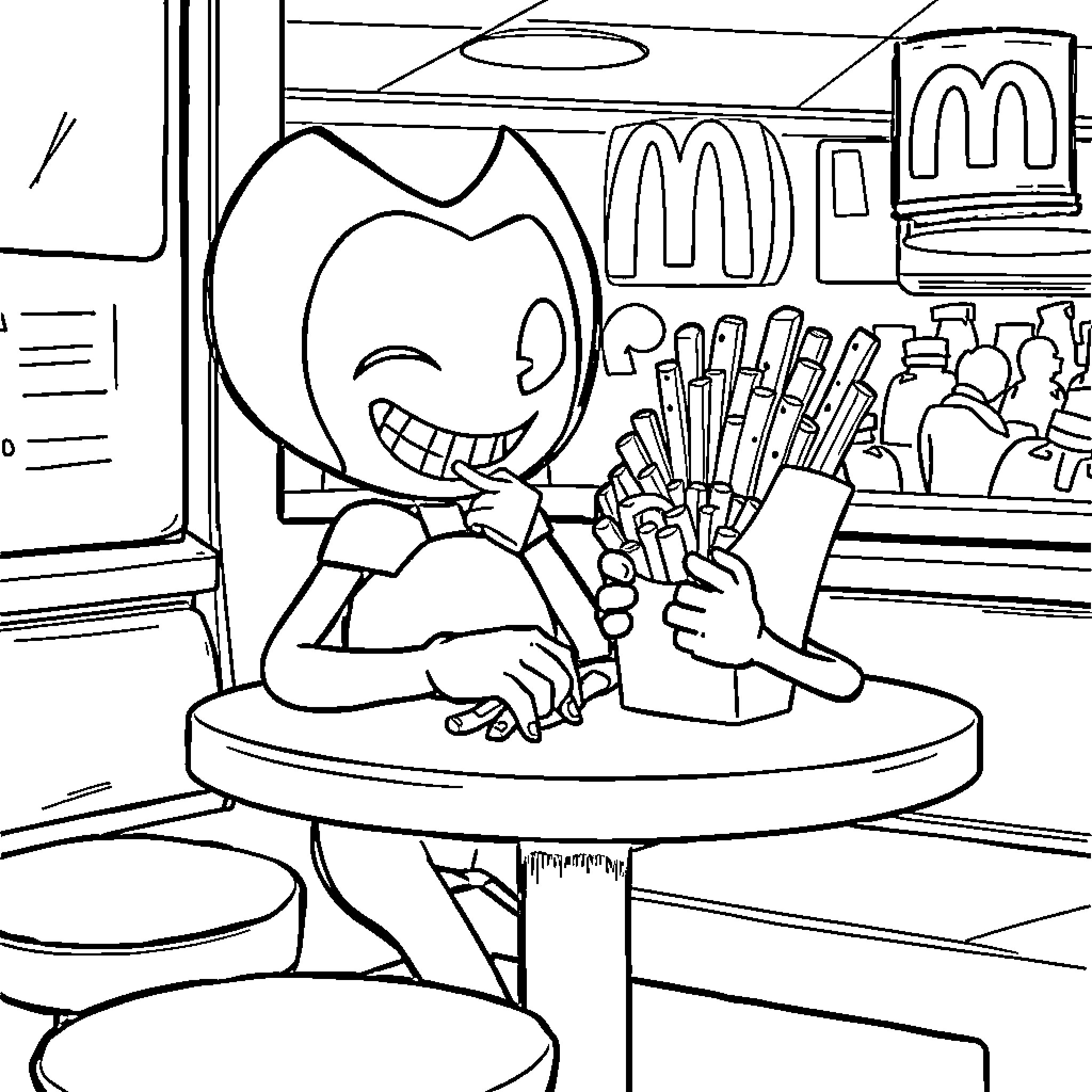 Bendy enjoying a tasty snack at the food court Coloring Page (free black-and-white line drawing printable PDF for all, from beginners to advanced learners, including children, teens, adults, and seniors)