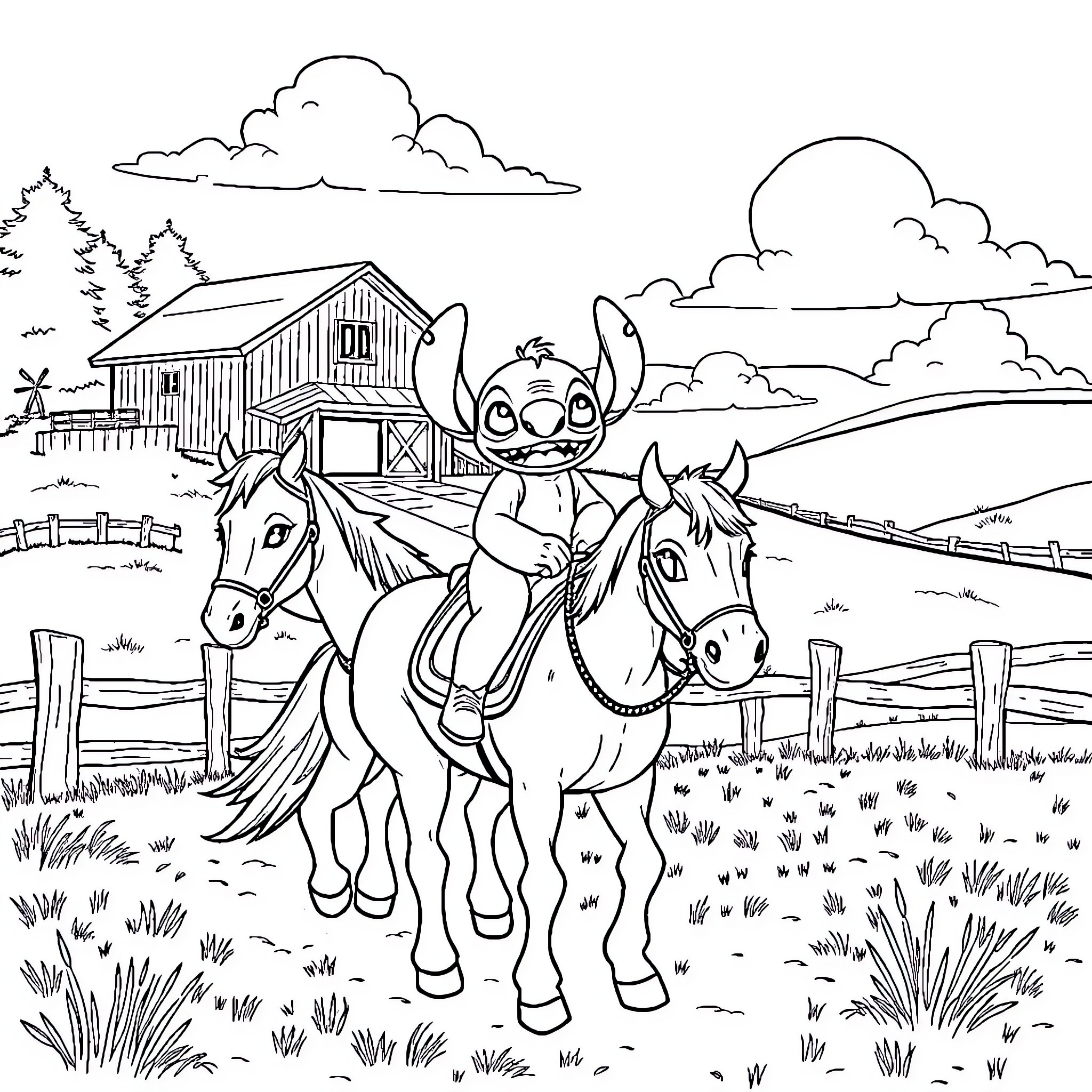 Bluey's Farm Adventure on Horseback Coloring Page (free black-and-white line drawing printable PDF for all, from beginners to advanced learners, including children, teens, adults, and seniors)