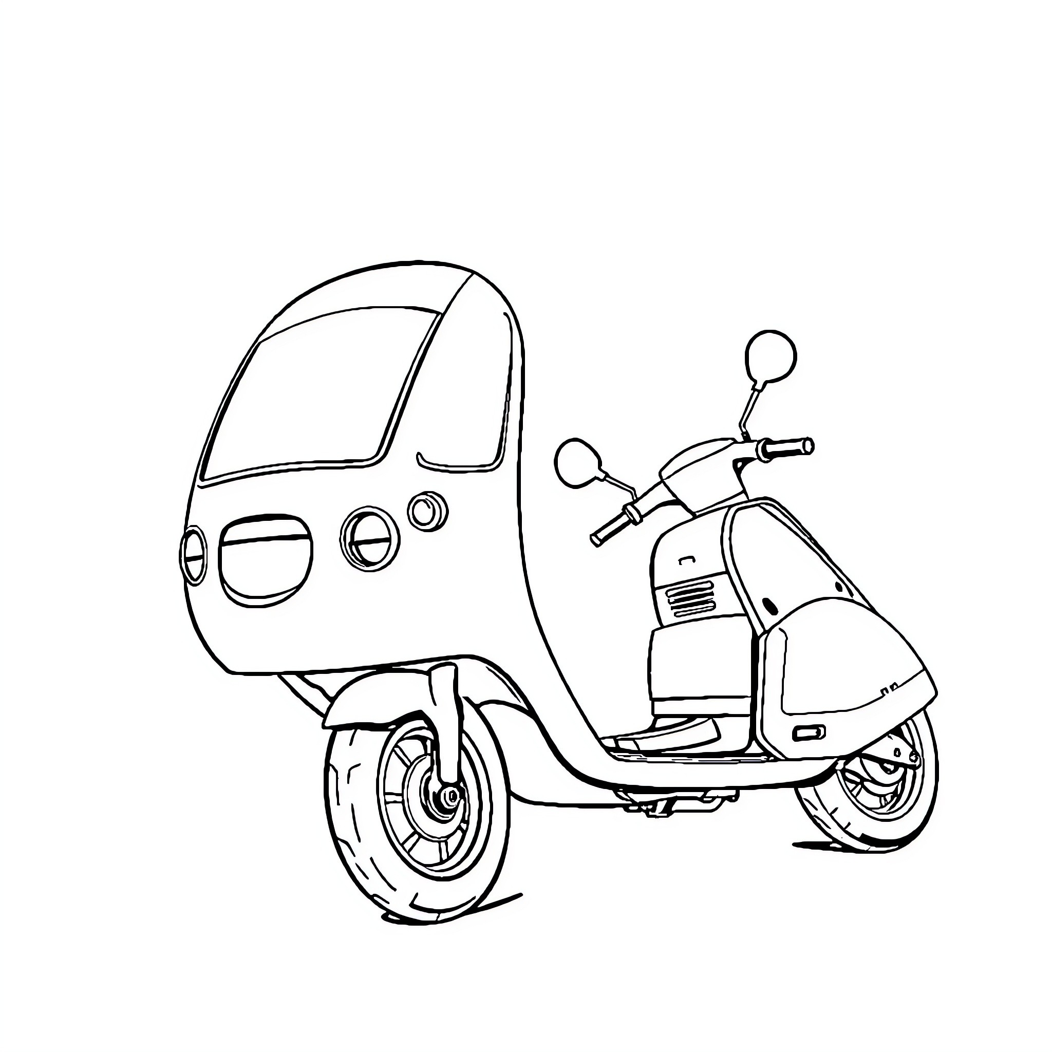 Manga Scooter with Distinctive Design Coloring Page (free black-and-white line drawing printable PDF for all, from beginners to advanced learners, including children, teens, adults, and seniors)