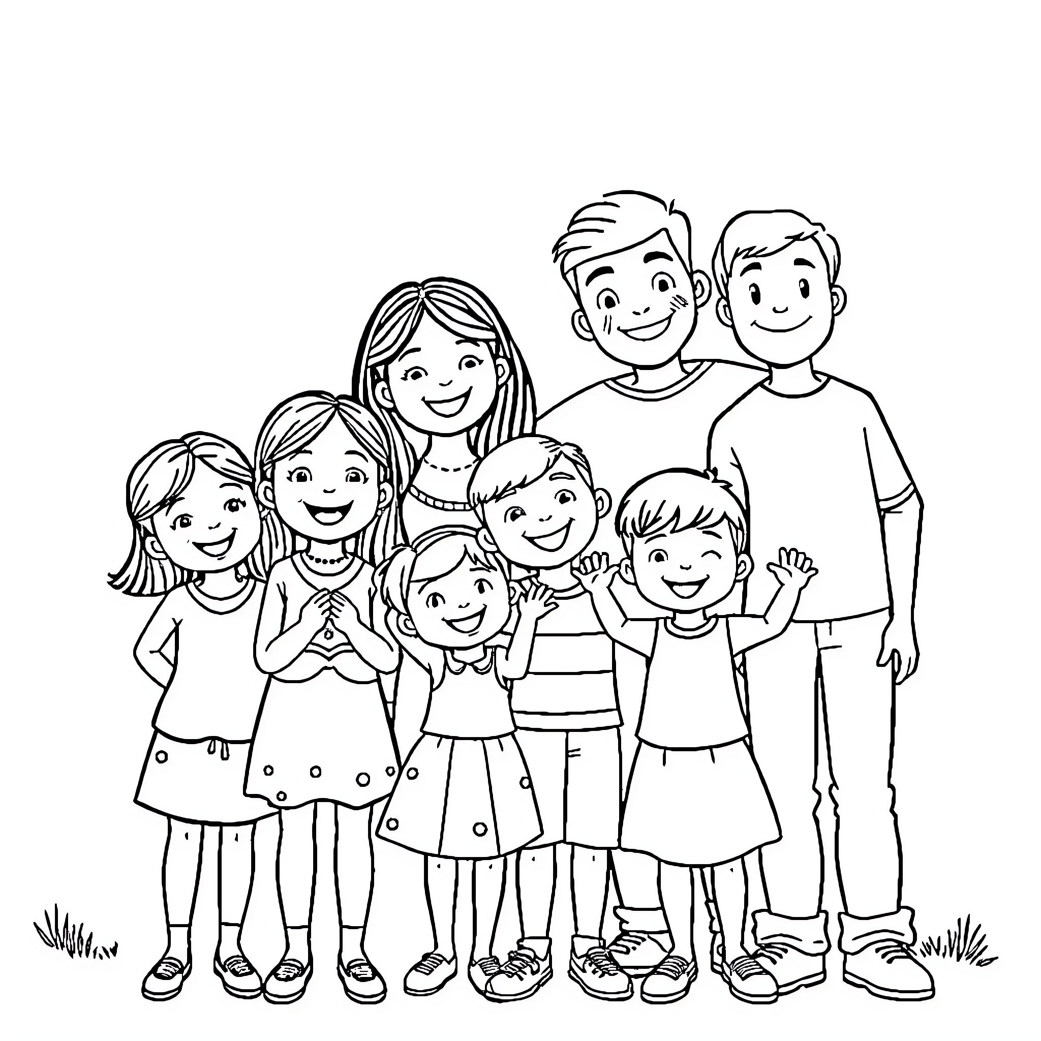 Family Enjoying Outdoor Activities Together Coloring Page (free black-and-white line drawing printable PDF for all, from beginners to advanced learners, including children, teens, adults, and seniors)