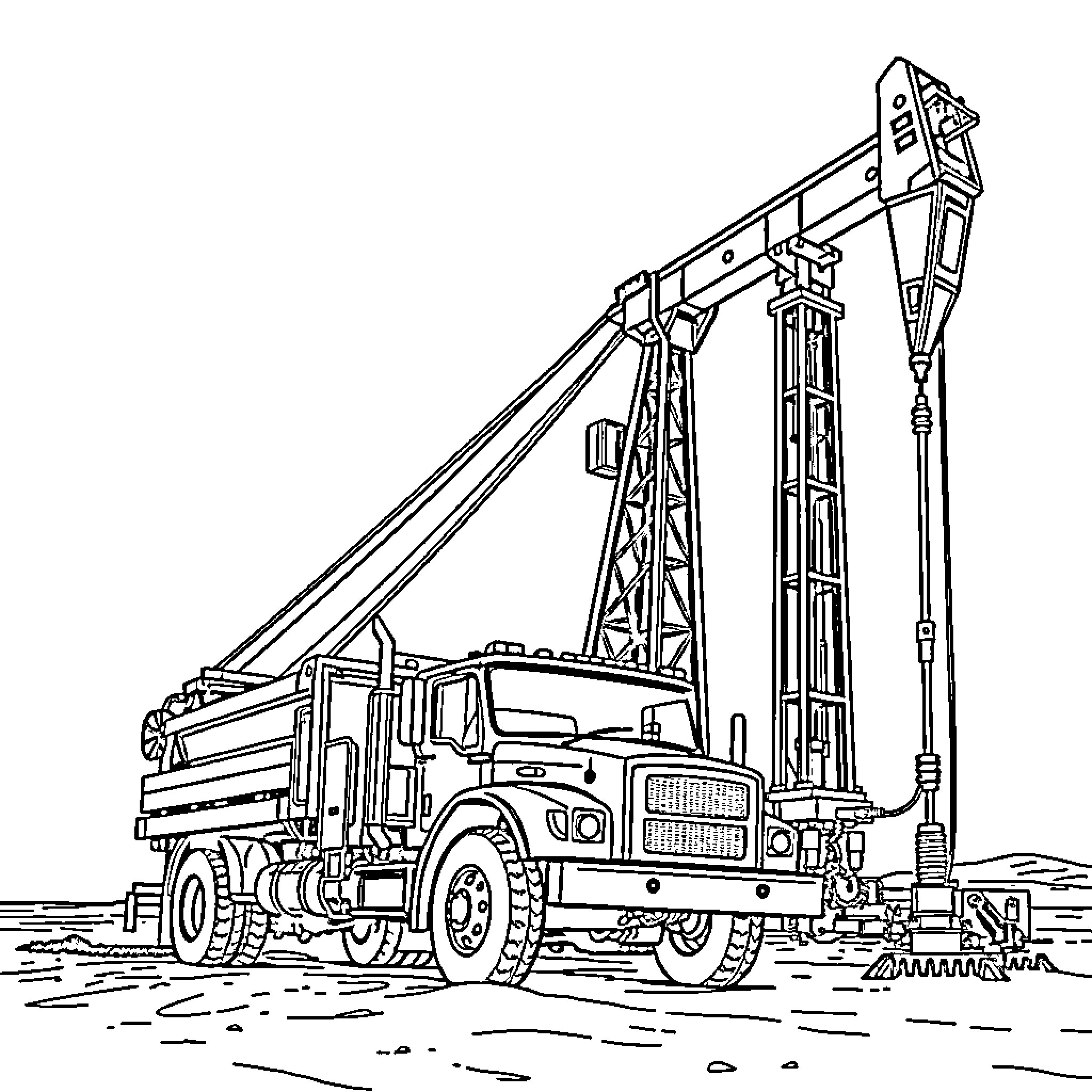 Wireline Truck Performing Drilling Operations on Site Coloring Page (free black-and-white line drawing printable PDF for all, from beginners to advanced learners, including children, teens, adults, and seniors)