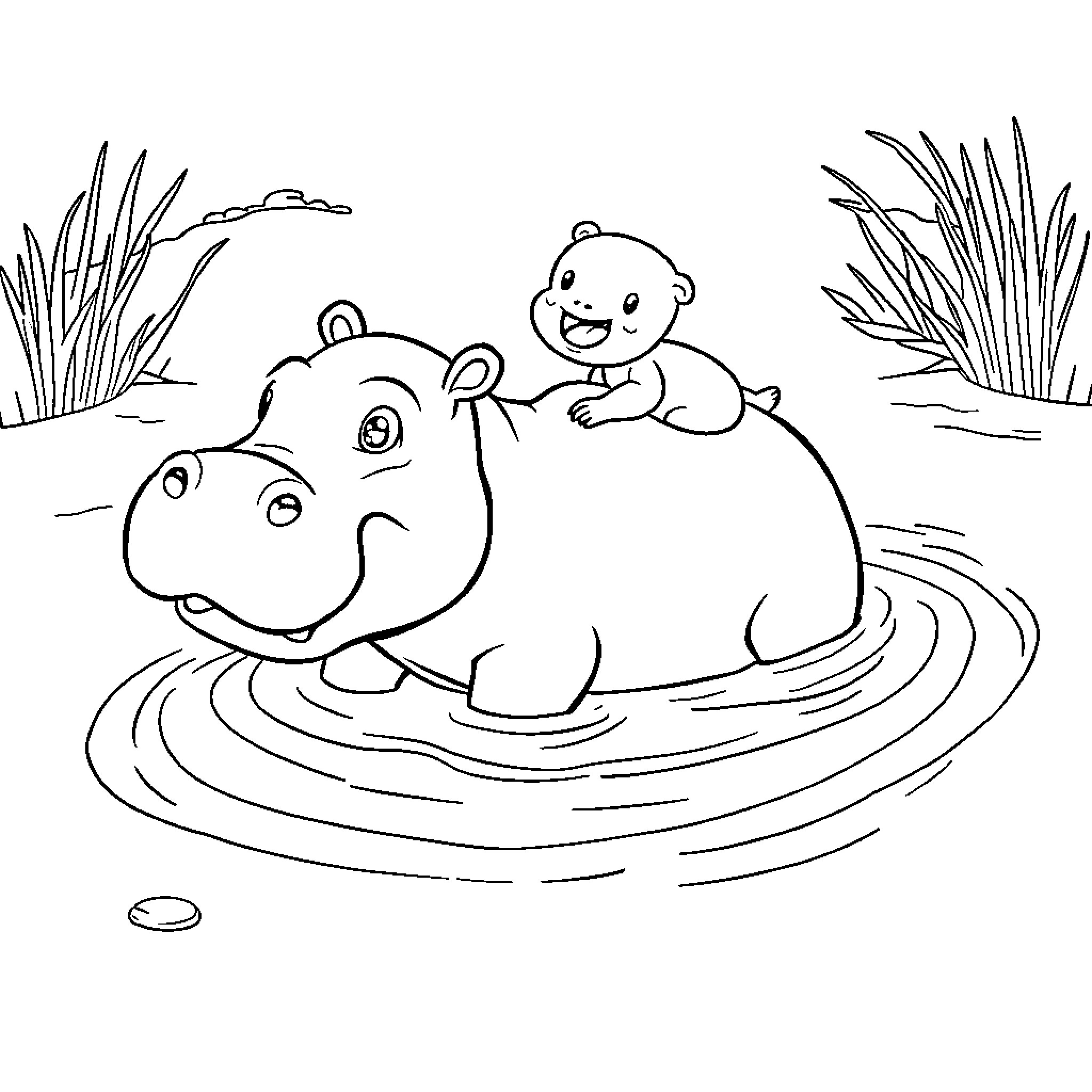 Hippo family enjoying time in the water Coloring Page (free black-and-white line drawing printable PDF for all, from beginners to advanced learners, including children, teens, adults, and seniors)