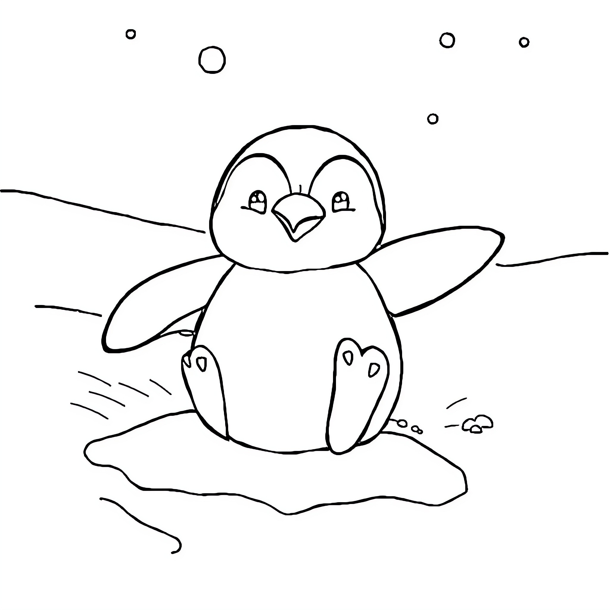 Penguin playing in the snow Coloring Page (free black-and-white line drawing printable PDF for all, from beginners to advanced learners, including children, teens, adults, and seniors)