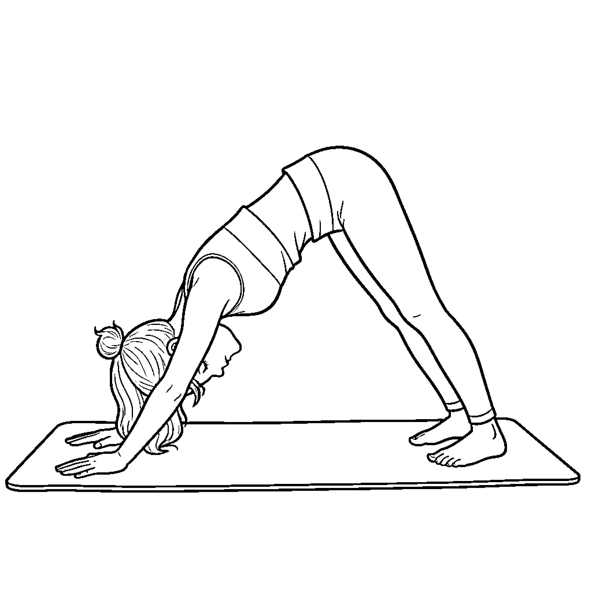 Woman practicing yoga in downward dog pose Coloring Page (free black-and-white line drawing printable PDF for all, from beginners to advanced learners, including children, teens, adults, and seniors)