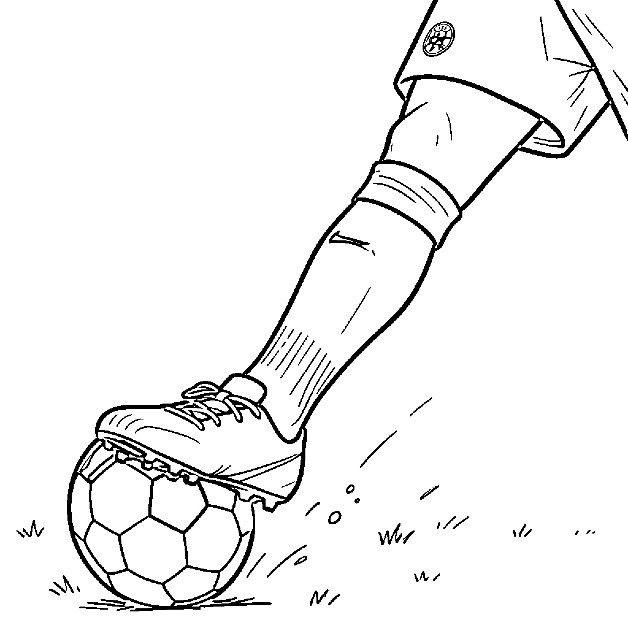 Mbappe kicking a soccer ball on the field Coloring Page (free black-and-white line drawing printable PDF for all, from beginners to advanced learners, including children, teens, adults, and seniors)