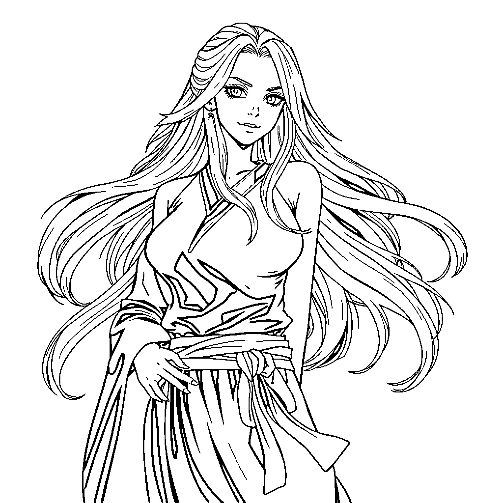 Tsunade in traditional Japanese attire Coloring Page (free black-and-white line drawing printable PDF for all, from beginners to advanced learners, including children, teens, adults, and seniors)