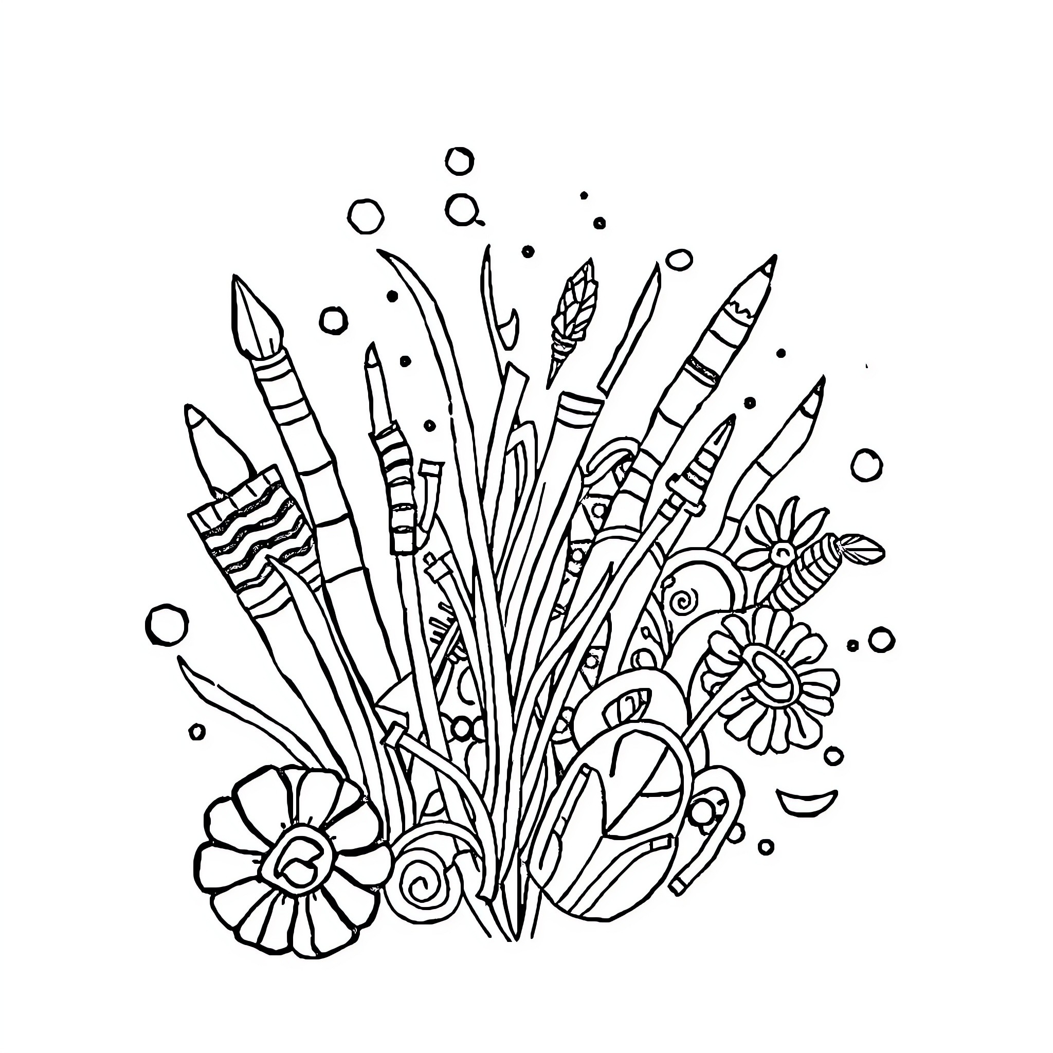 Doodle of Whimsical Writing Utensils and Flowers Coloring Page (free black-and-white line drawing printable PDF for all, from beginners to advanced learners, including children, teens, adults, and seniors)
