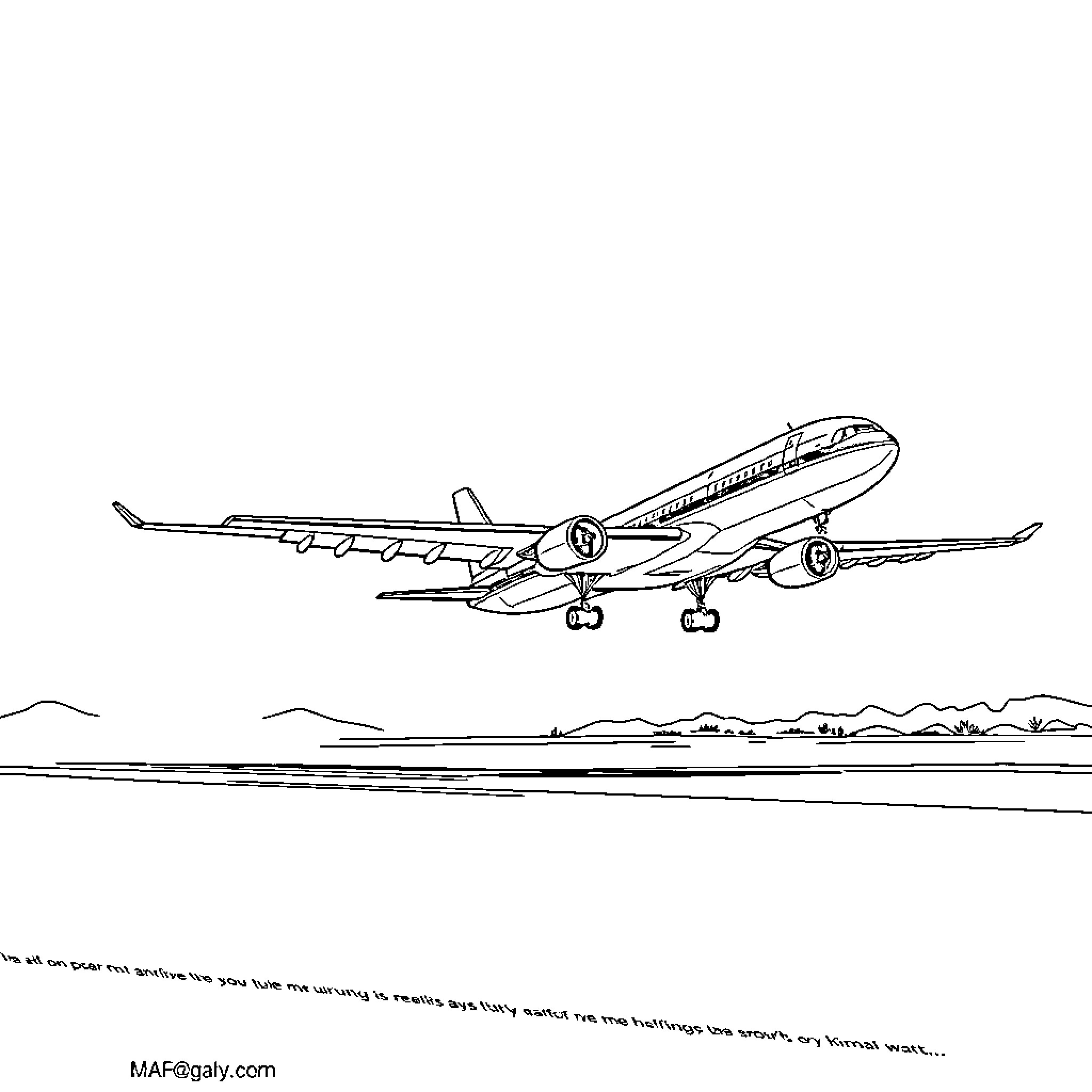 Md-11 aircraft in flight over landscape Coloring Page (free black-and-white line drawing printable PDF for all, from beginners to advanced learners, including children, teens, adults, and seniors)